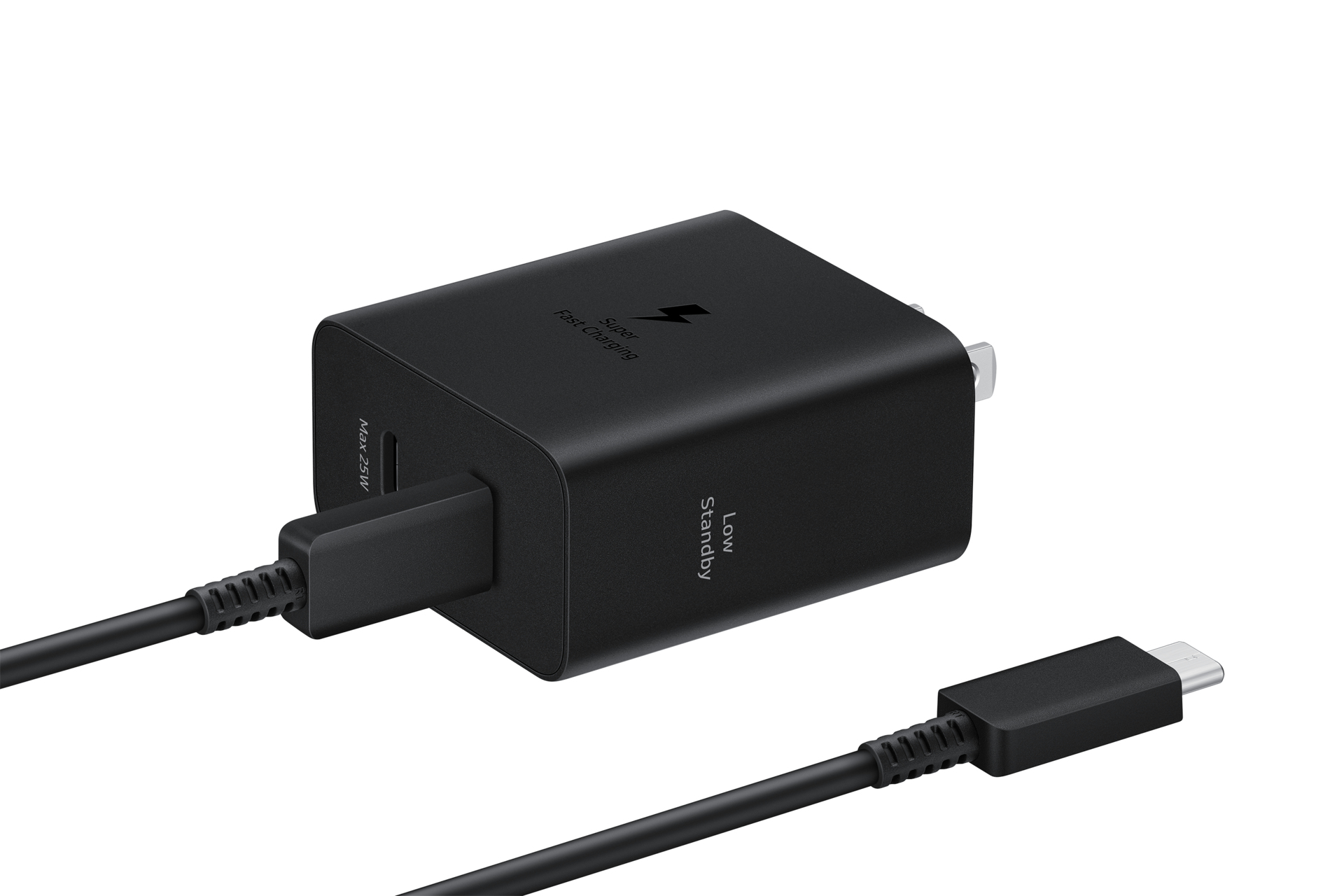 Adaptateur de charge rapide Super Fast Charging noir Samsung avec câbles USB-C attachés. Sur fond blanc. L'adaptateur indique Max 25W.