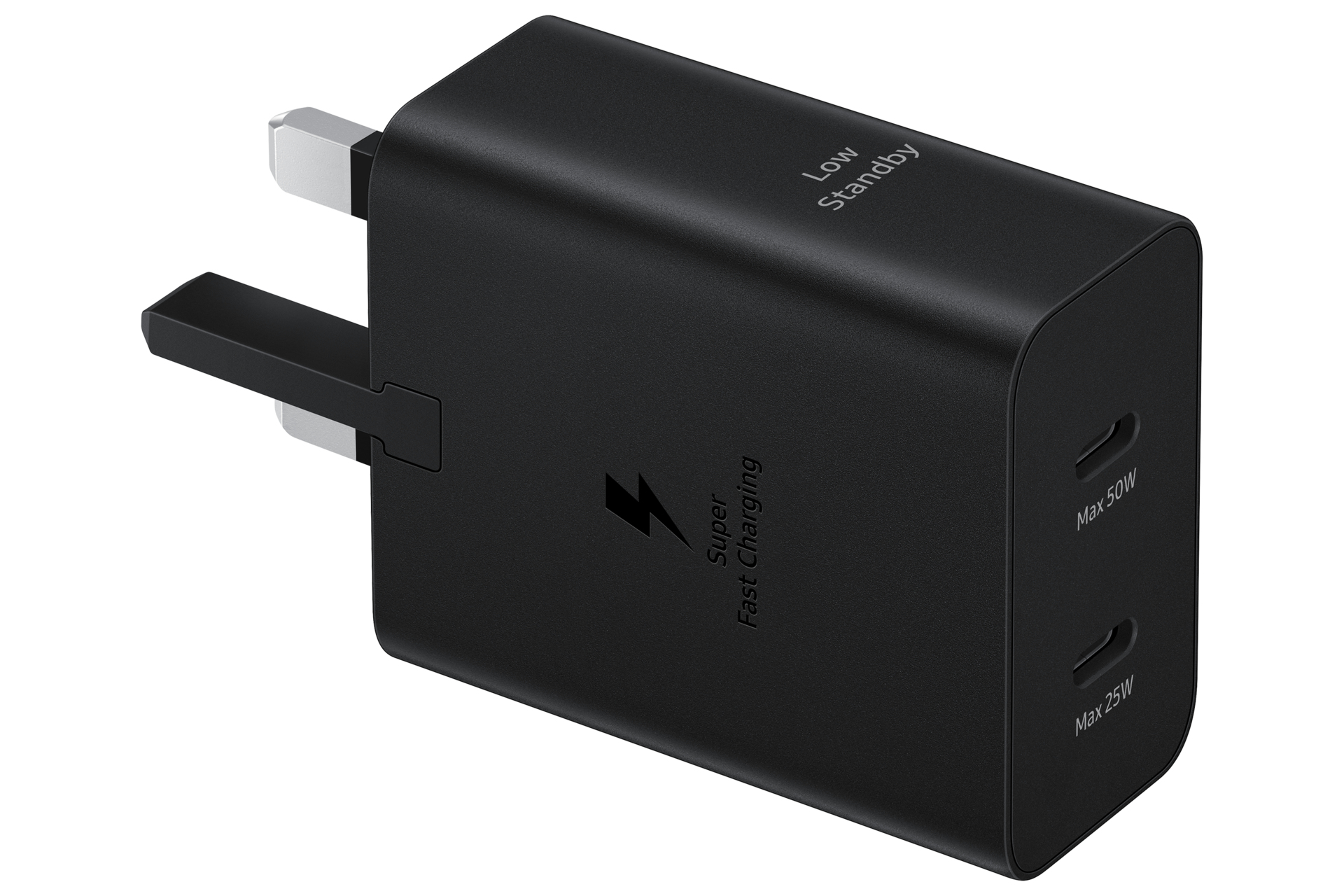 Chargeur Samsung noir avec prise UK. Comprend Super Fast Charging et deux ports, Max 50W et Max 25W. Low Standby.