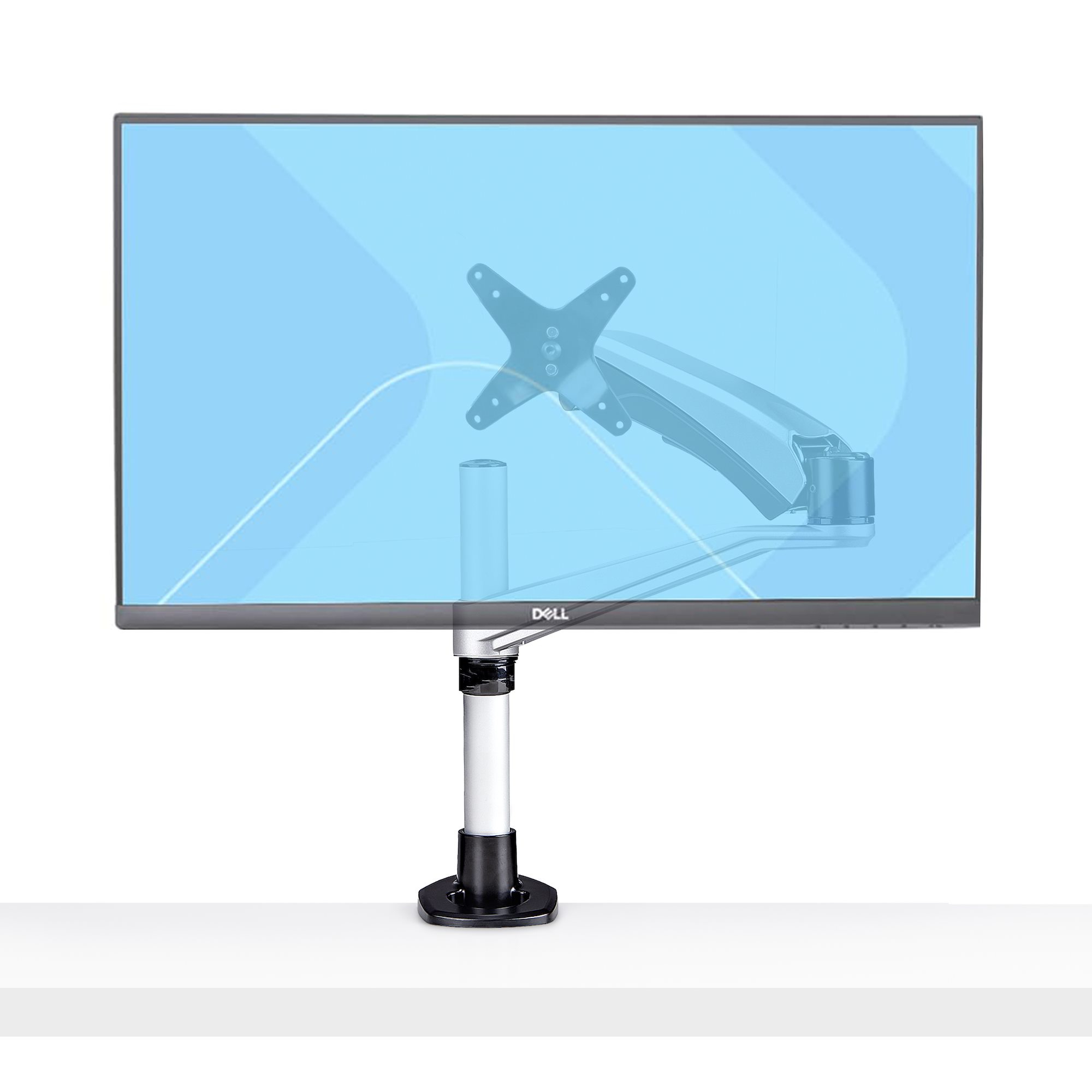 Ein Computermonitor mit blauem Bildschirm ist an einem Arm befestigt. Der Ständer ist schwarz und silber, auf einer weißen Oberfläche.