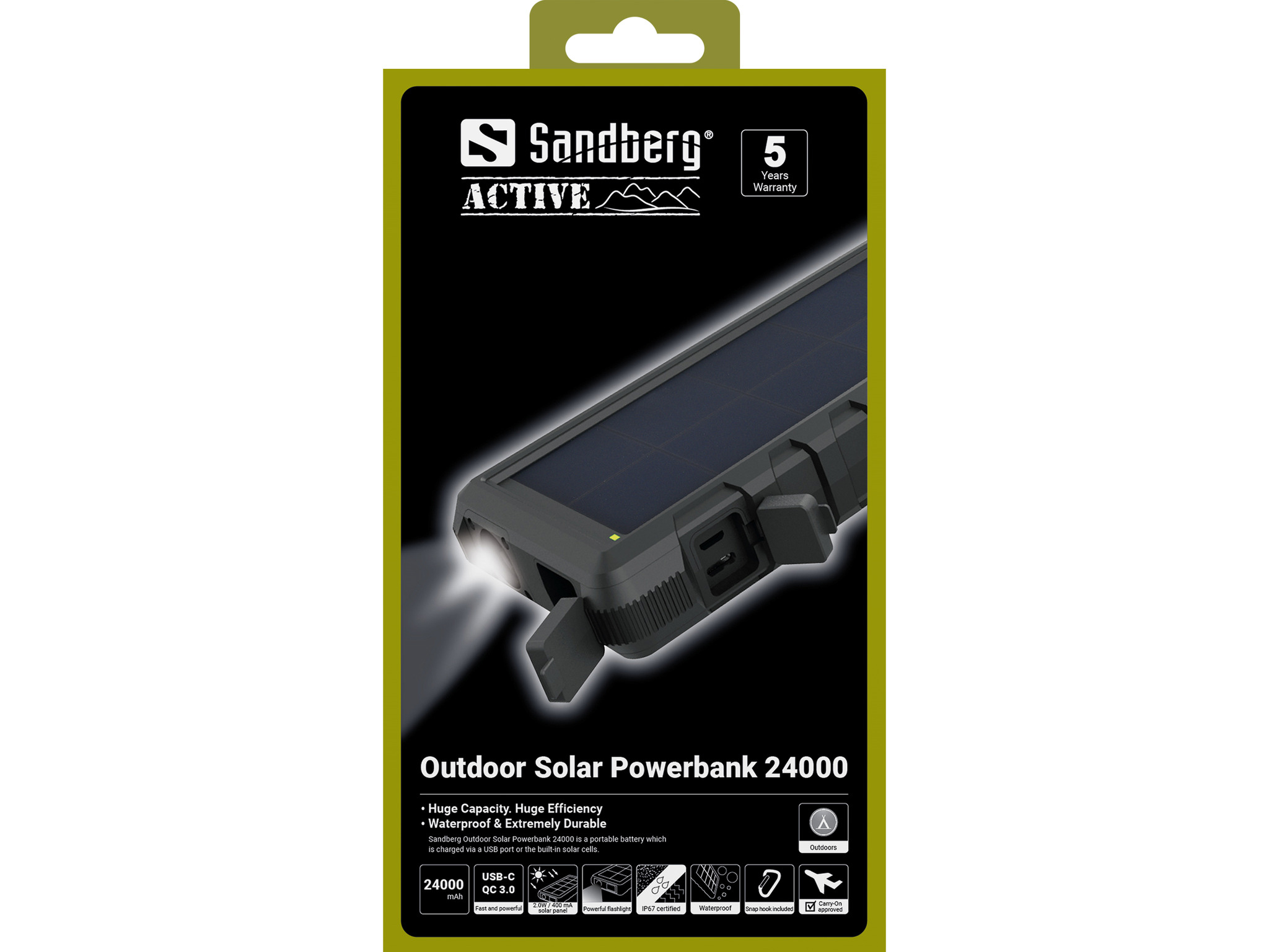 Una confezione Sandberg Outdoor Solar Powerbank 24000. Contiene l'immagine del power bank, il marchio e dettagli sulle funzioni.