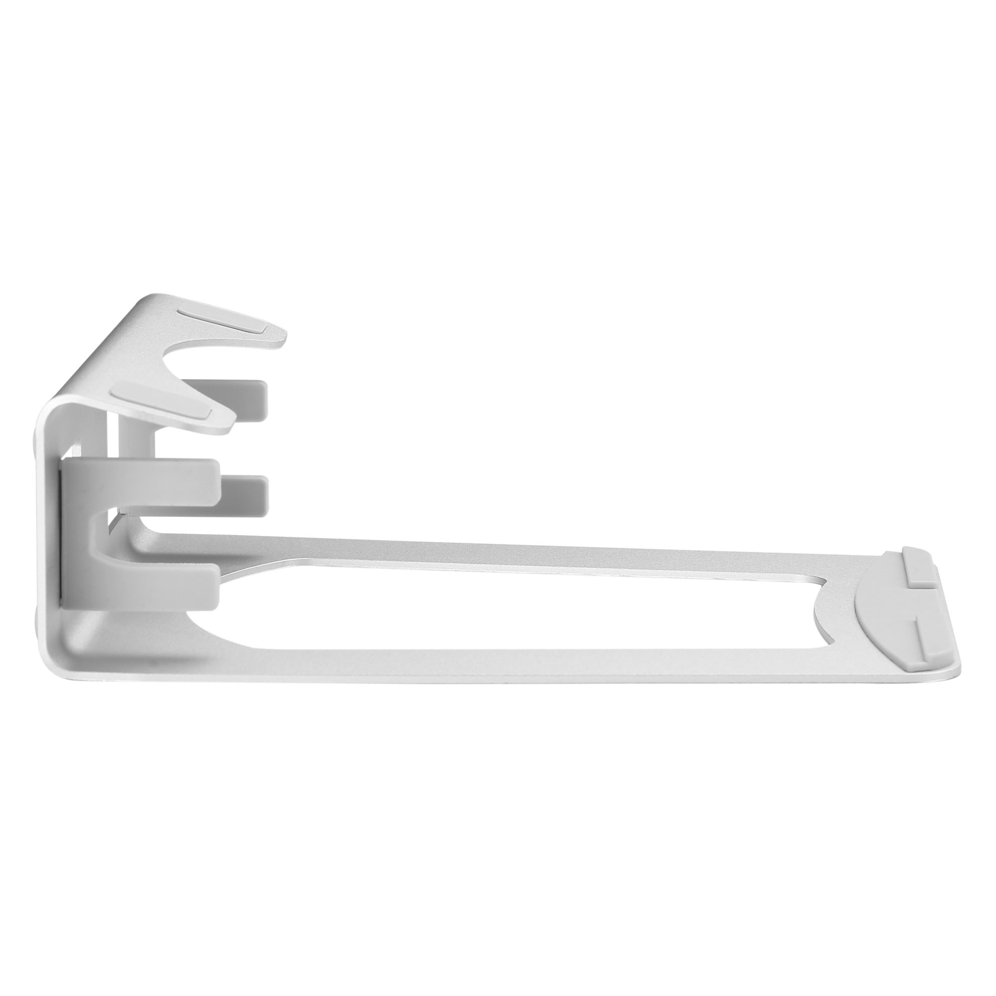Gezeigt wird ein weißer Handyhalter aus Metall. Er hat einen Sockel und eine Halterung.