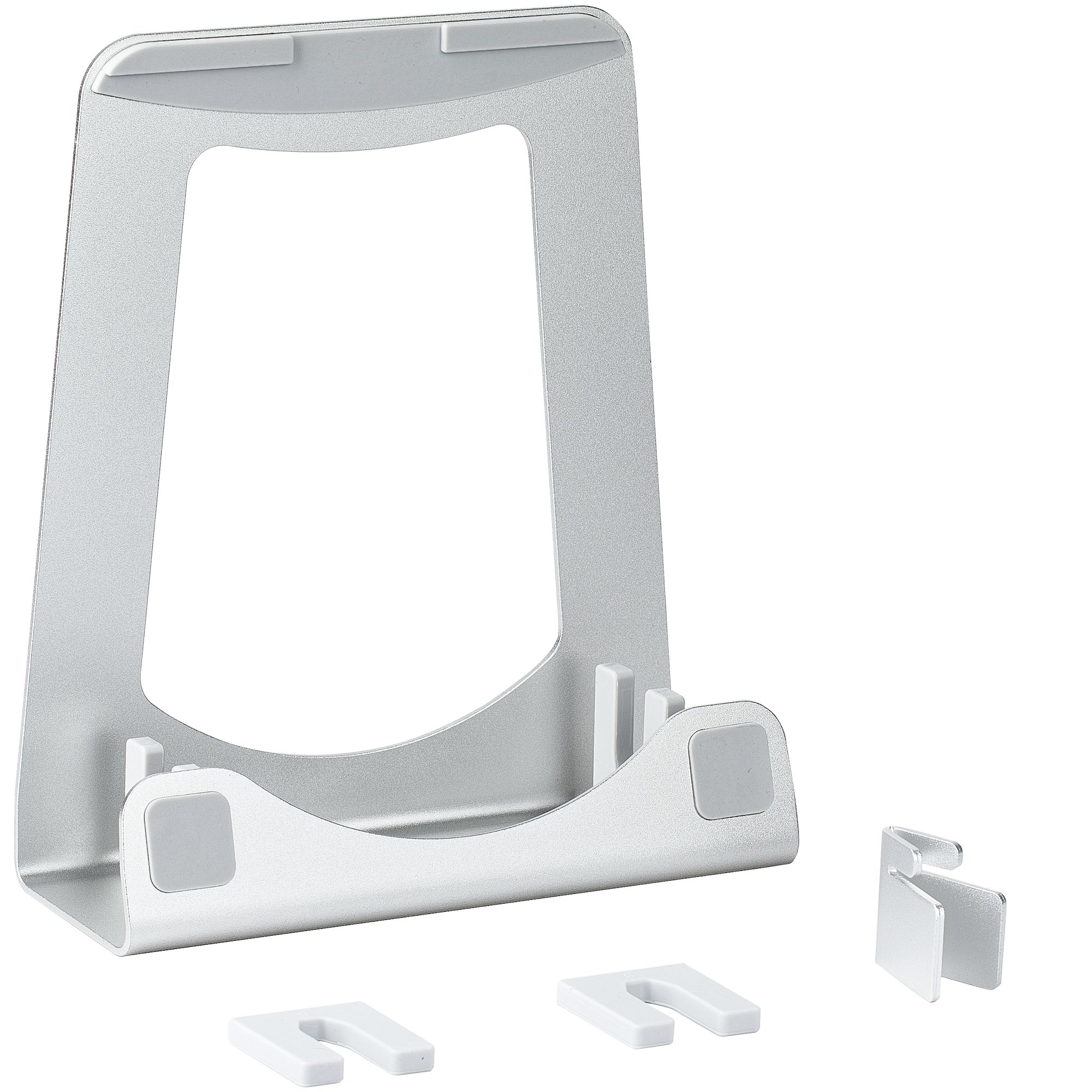 Ein silberner Tablet-Ständer mit geschwungenem Design. Kleine weiße Stützen und ein separater Clip sind ebenfalls vorhanden.