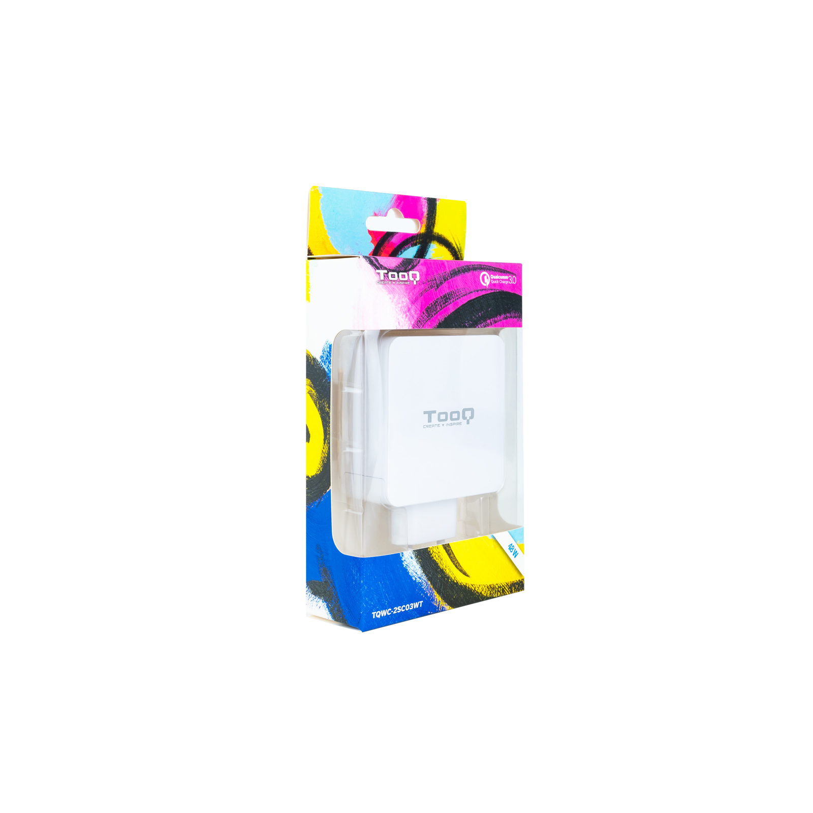 Un cargador Tooq blanco en su caja. La caja tiene trazos de pintura coloridos. La caja dice 'CREATE INSPIRE'.