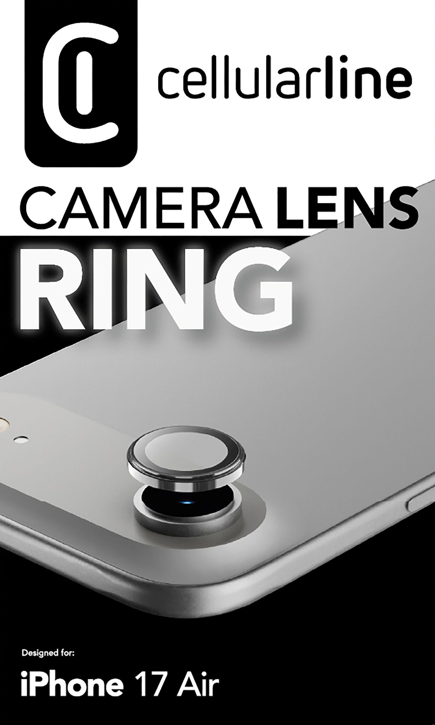 Un telefono con un anello per l'obiettivo della fotocamera. Il logo di cellularline è in alto. È presente anche il testo CAMERA LENS RING.