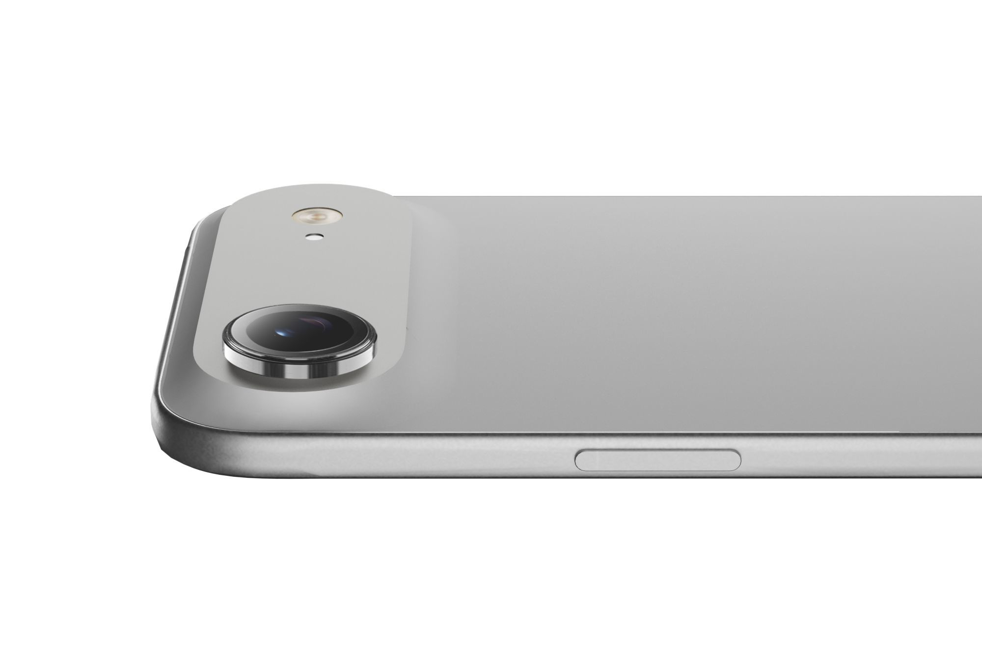 Smartphone argentato, primo piano. Obiettivo della fotocamera e pulsanti laterali visibili. Sfondo bianco.