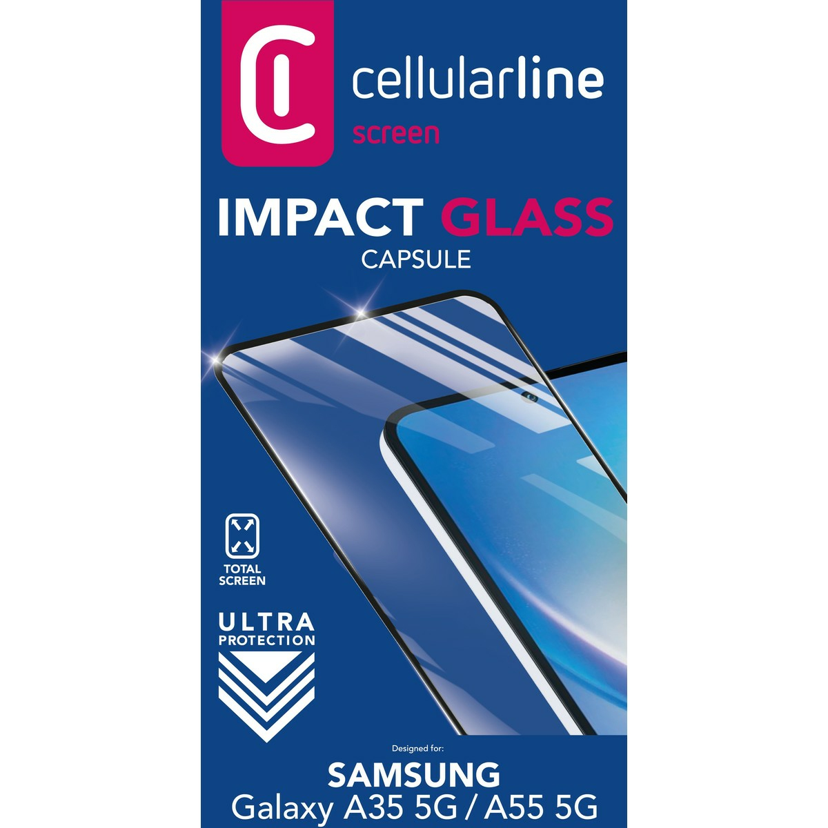 Confezione di protezione schermo con 'Impact Glass' e 'Samsung Galaxy A35 5G/A55 5G' su sfondo blu.