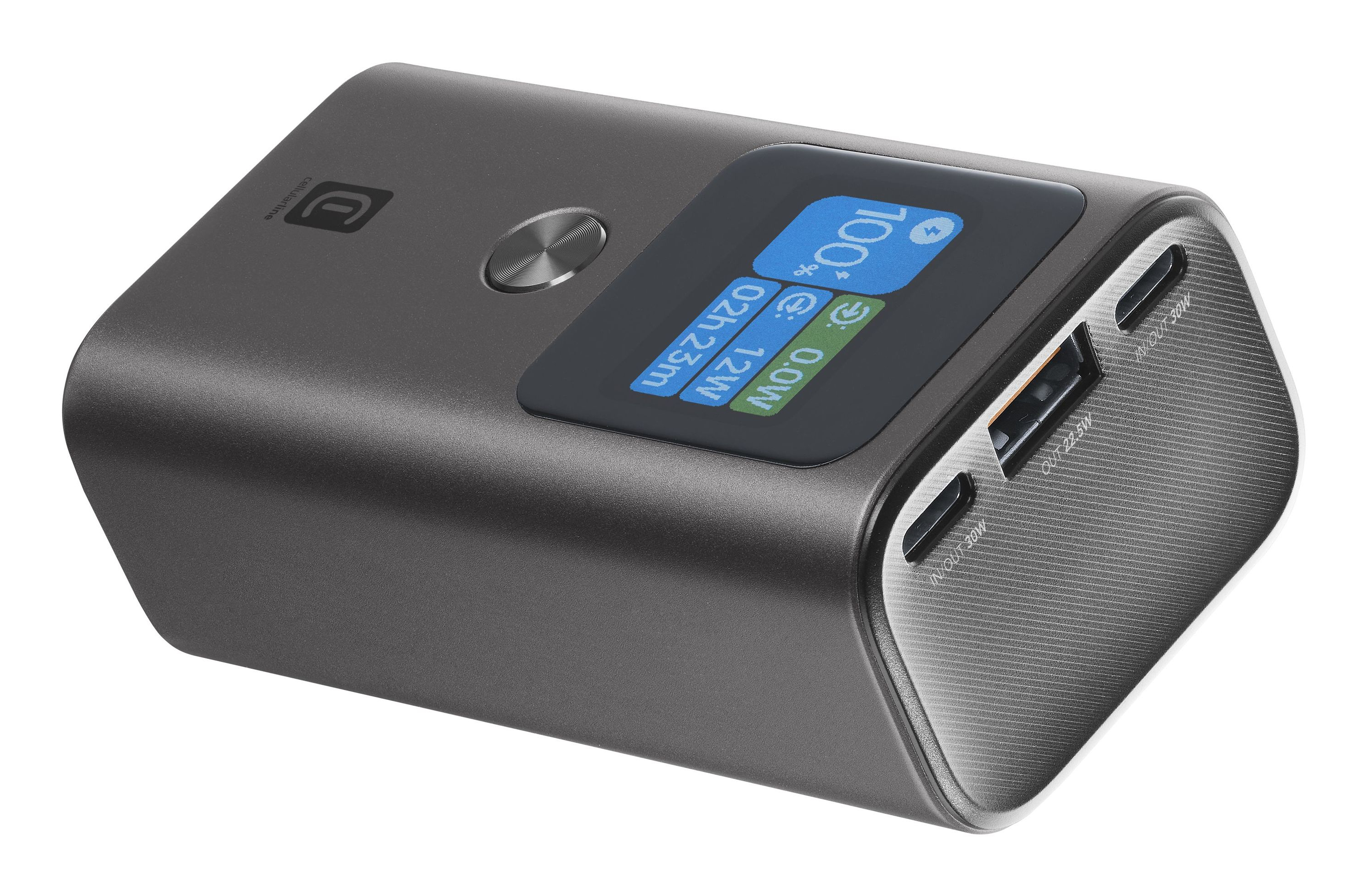 Un power bank grigio scuro con display che mostra il 100% di carica. Ha porte USB e un pulsante di accensione.