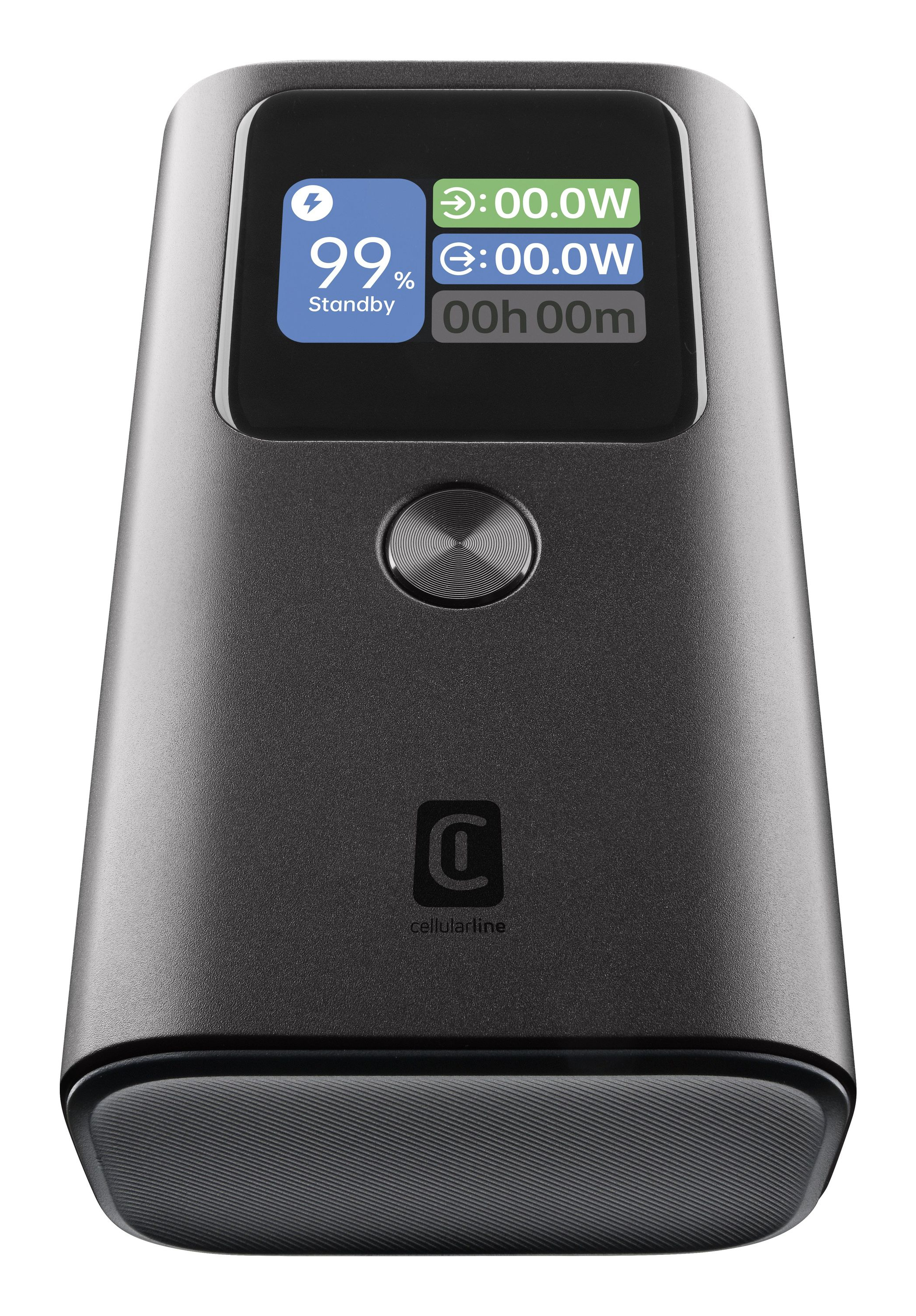 Dispositivo nero con schermo che mostra 99% standby, 00h 00m e consumo energetico. Logo Cellularline in basso.