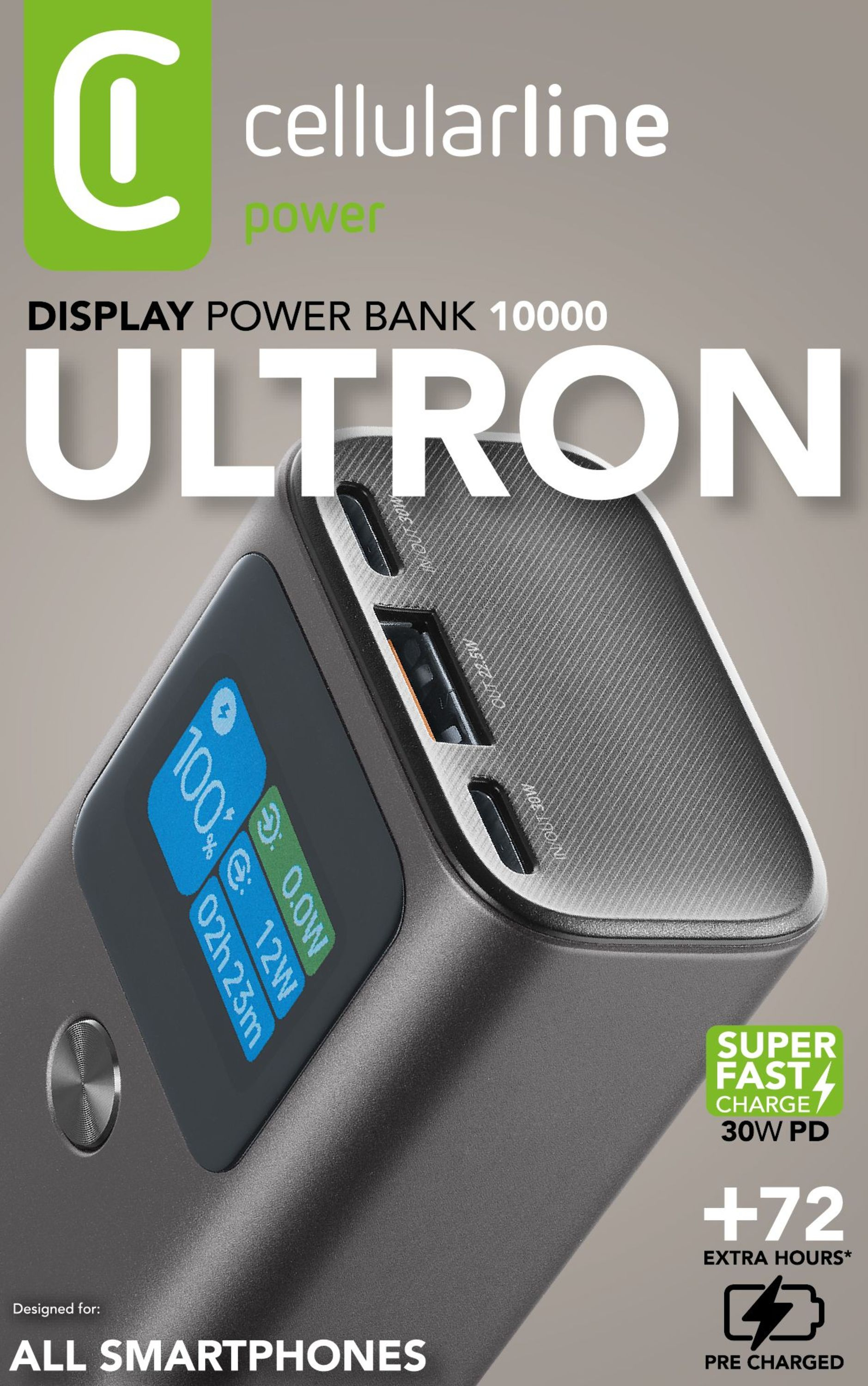 Un power bank grigio con schermo che mostra il 100%. Il testo 'ULTRON' è visibile. Progettato per tutti gli smartphone.