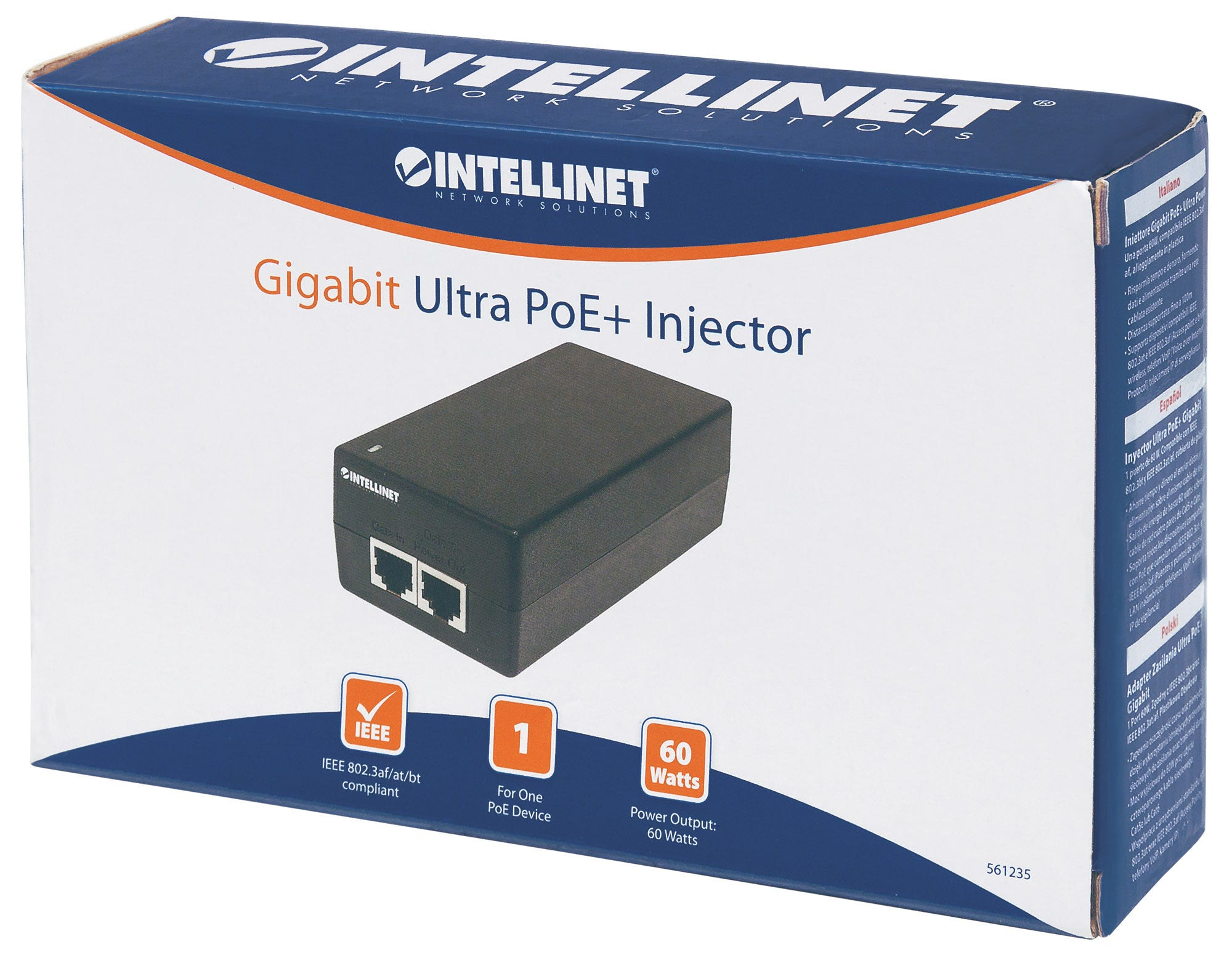 Pudełko z czarnym urządzeniem 'Gigabit Ultra PoE+ Injector'. Posiada porty i ikony zasilania.