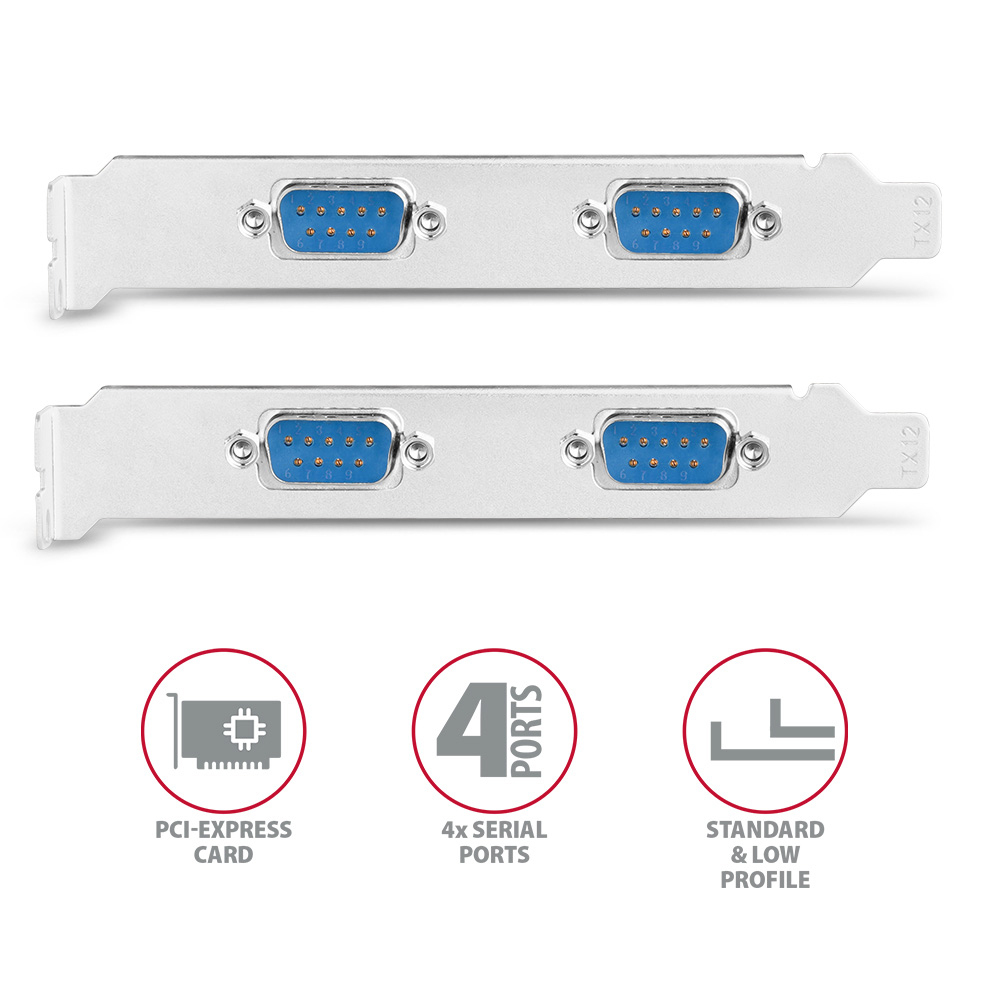 Zwei silberne PCI-Express-Karten mit blauen seriellen Anschlüssen. Darunter Symbole für PCI-Express-Karte, 4 serielle Anschlüsse und Standard & Low Profile.