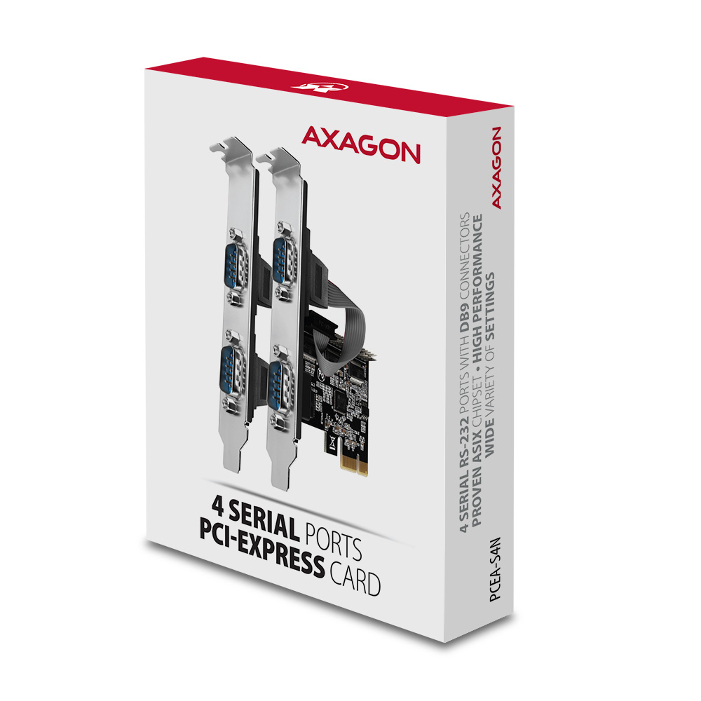 Die Box zeigt eine PCI-Express-Karte mit vier seriellen Anschlüssen. Die Marke ist Axagon. Die Box ist weiß und rot.