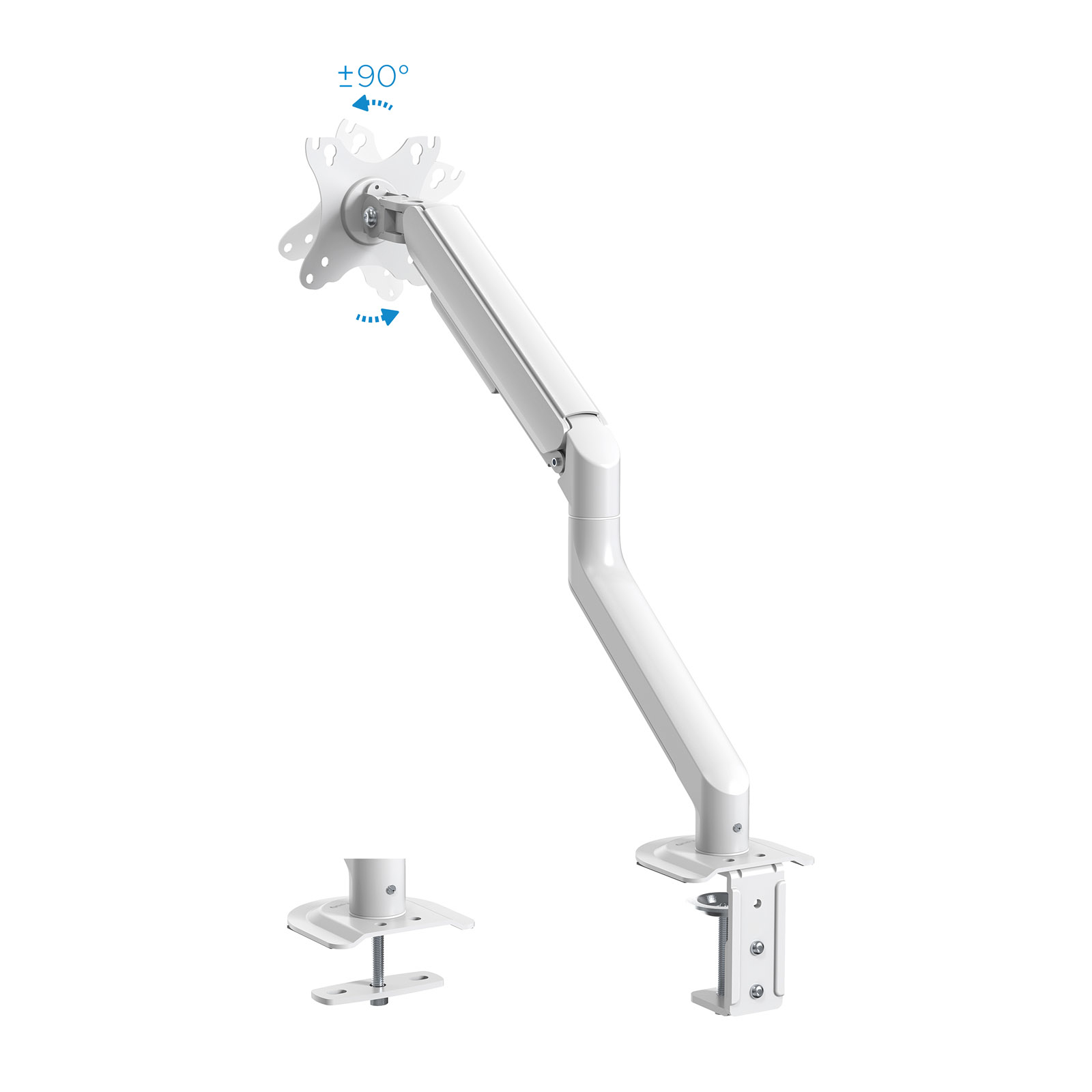 Brazo de monitor blanco, ajustable. Muestra el ángulo de rotación. Partes de montaje separadas visibles. Aislado sobre fondo blanco.