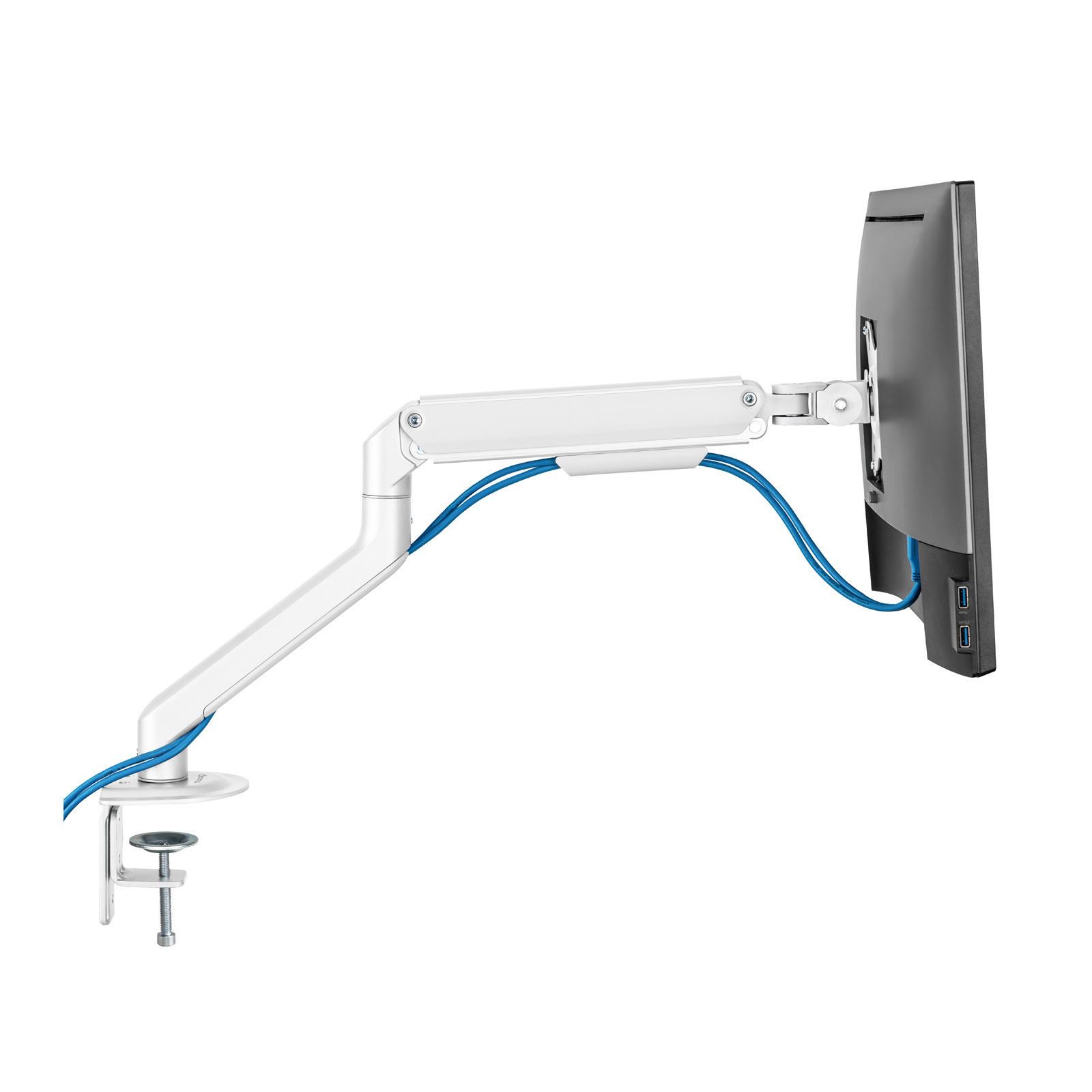 Un brazo de monitor blanco con cables azules, sosteniendo un monitor gris. El brazo está montado en una abrazadera.