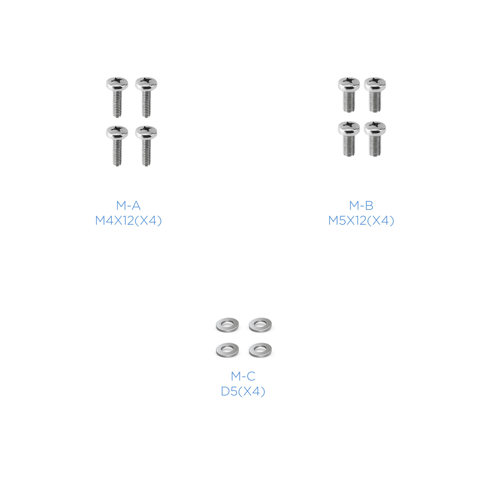 La imagen muestra tres grupos de hardware: tornillos (M-A y M-B) y arandelas (M-C), todo sobre un fondo blanco.