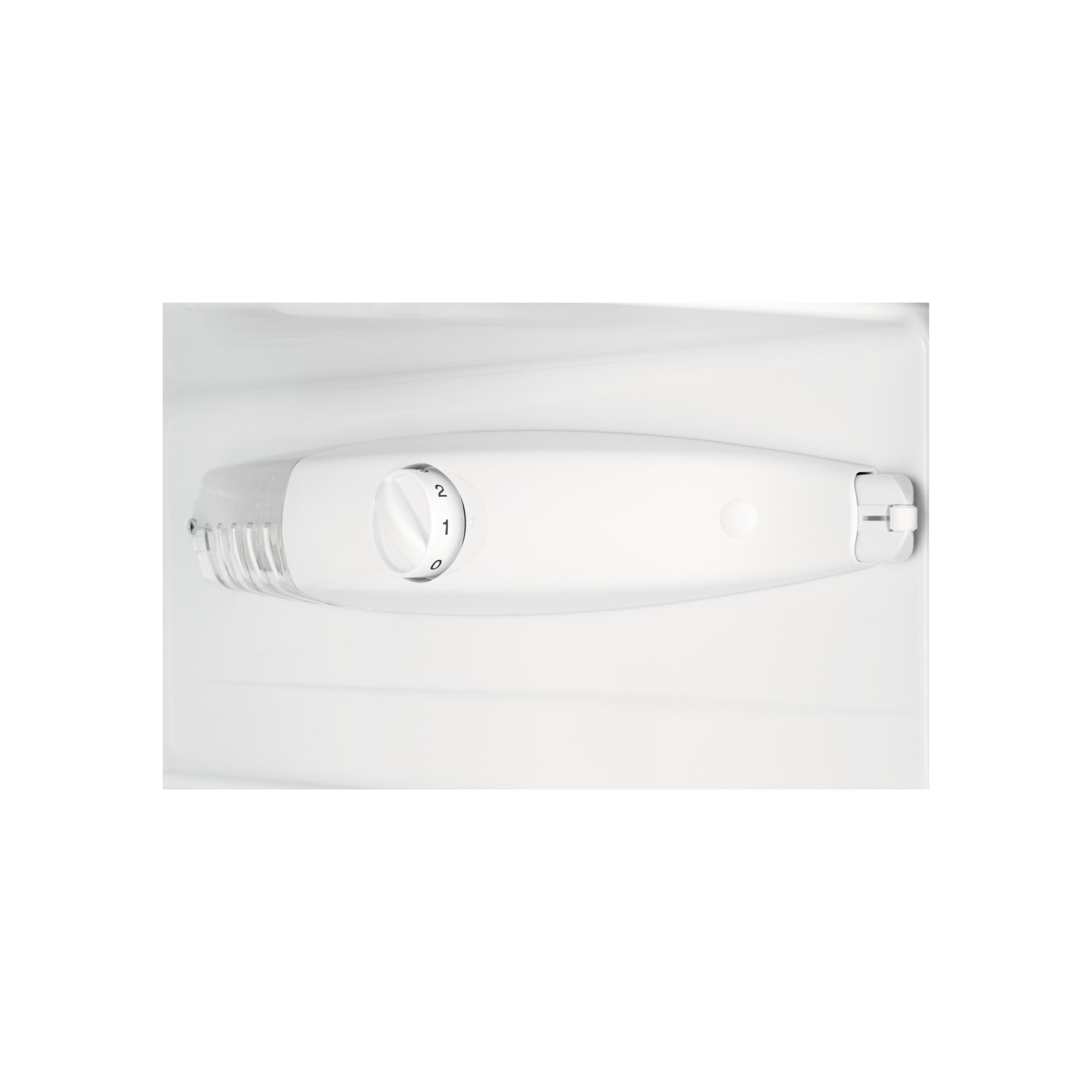 Zbliżenie białego elementu lodówki z pokrętłem oznaczonym 0, 1 i 2. Znajduje się wewnątrz białej lodówki.