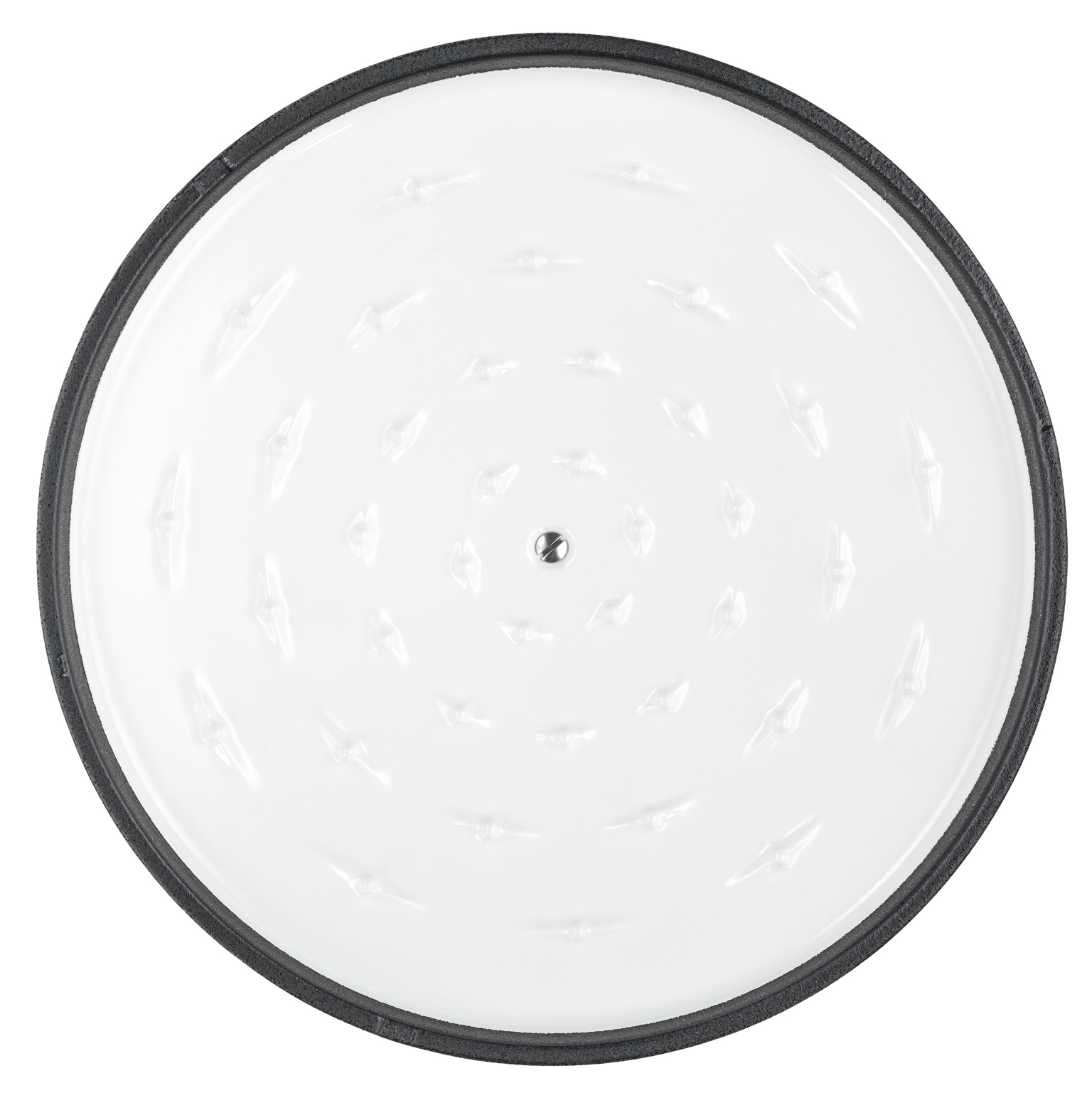 Biała, okrągła pokrywka do patelni z czarną obwódką. Pokrywka ma wzór małych, wypukłych, romboidalnych wypukłości.