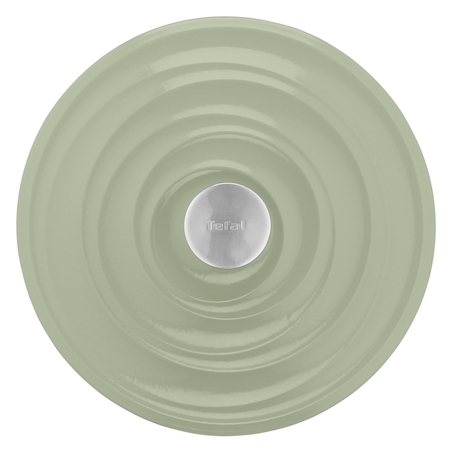 Szałwiowa zielona pokrywka do garnka Tefal. Jest okrągła z koncentrycznymi żebrami. Środek ma srebrną gałkę z logo Tefal.