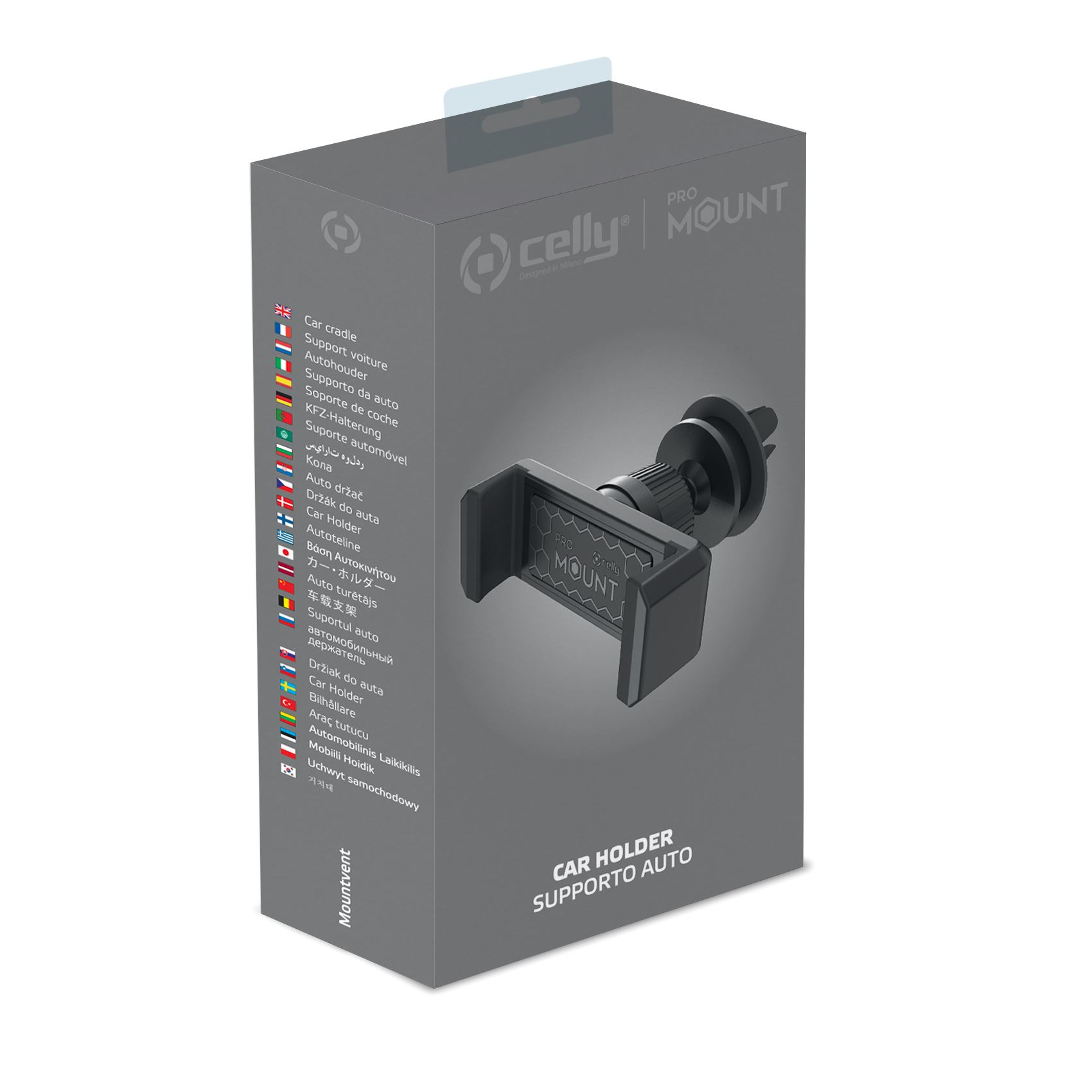 Una caja para soporte de teléfono para automóvil. El soporte es negro con la marca. La caja es gris.
