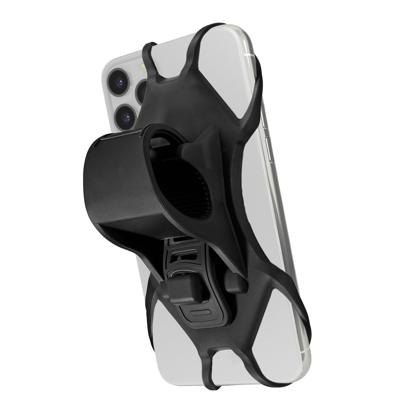 Ein Telefon in einer schwarzen Halterung. Die Halterung ist an einem Telefon befestigt, Kameras und Ring.