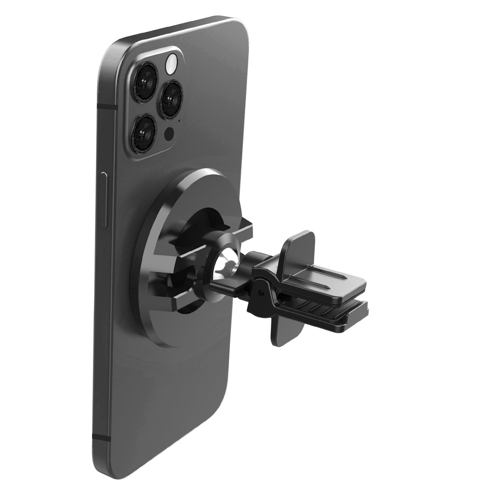Ein schwarzes Smartphone, das an einer Lüftungshalterung befestigt ist. Das Telefon hat ein Dreifachkamerasystem.