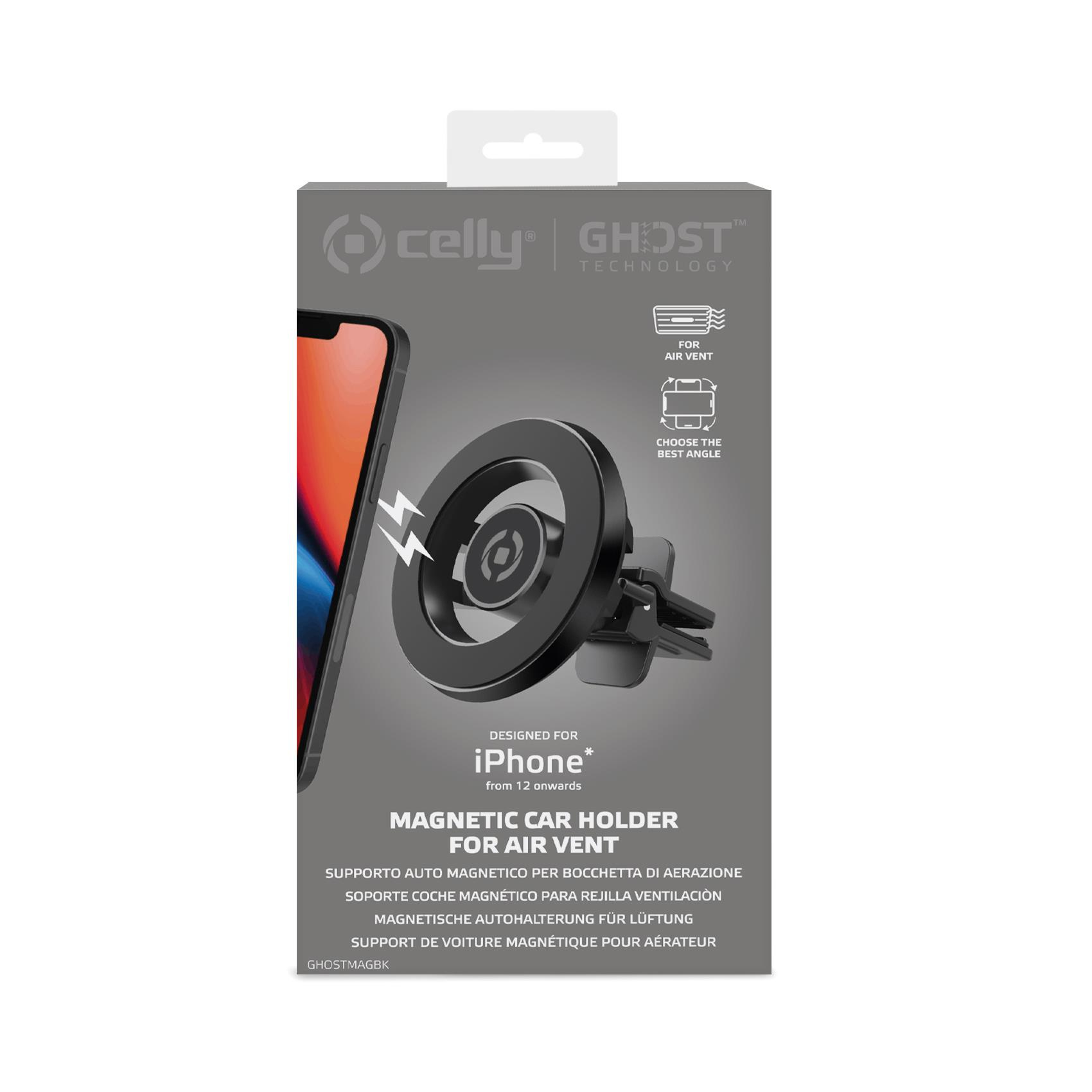 Ein Handy-Autohalter. Er hat einen schwarzen, runden Magnetteil und ist für ein iPhone konzipiert. Das Produkt ist auf grauem Grund.
