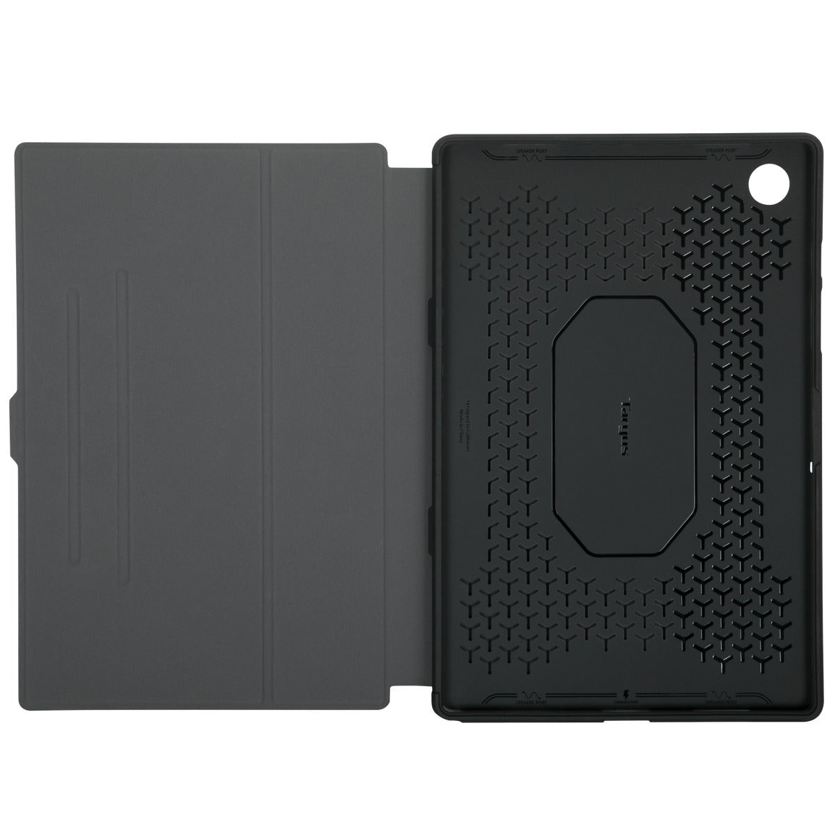Geöffnete Tablet-Hülle, grauer Deckel links, schwarze Innenseite rechts. Targus-Logo und Lautsprecheranschlüsse sichtbar.