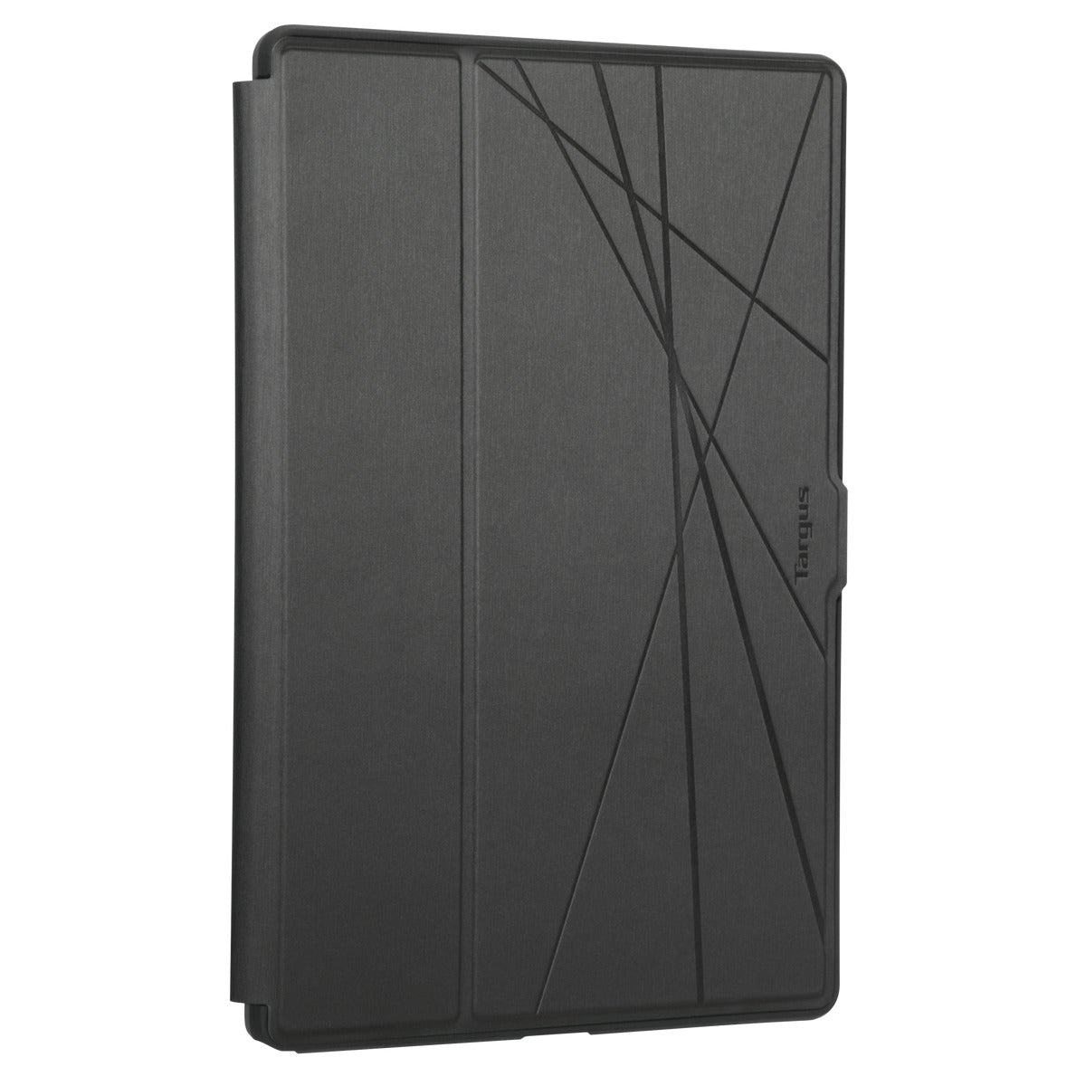 Dunkelgraue Tablet-Hülle, geschlossen. Der Deckel hat ein geometrisches Design mit schwarzen Linien und dem Targus-Logo.