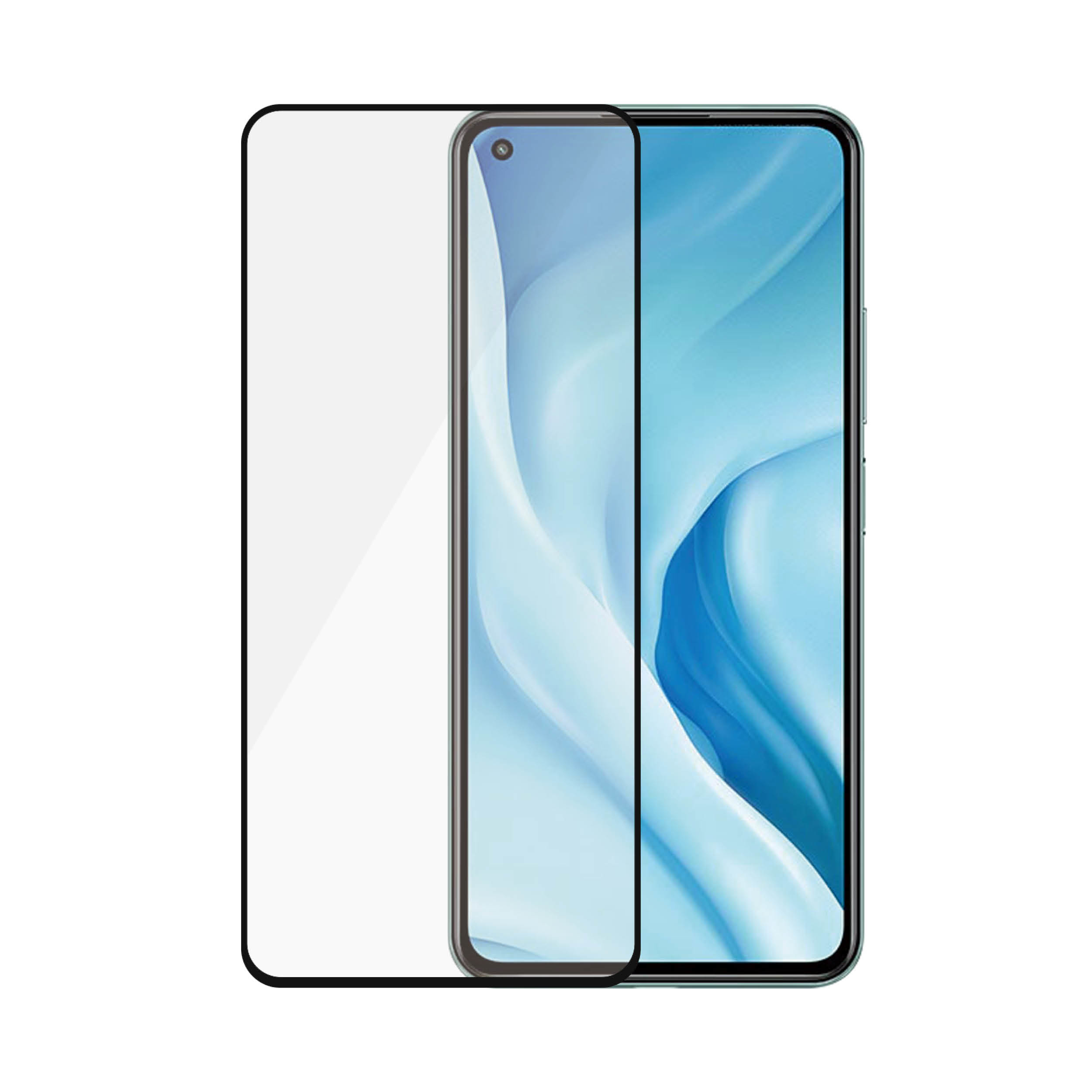 Uno smartphone con protezione schermo applicata. Il telefono ha schermo blu e cornice nera.