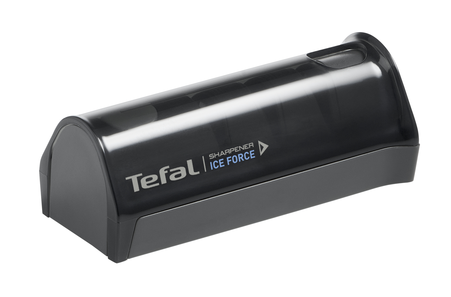 Un afilador de cuchillos Tefal Ice Force negro sobre fondo blanco. Está en ángulo y tiene el logo en el lateral.