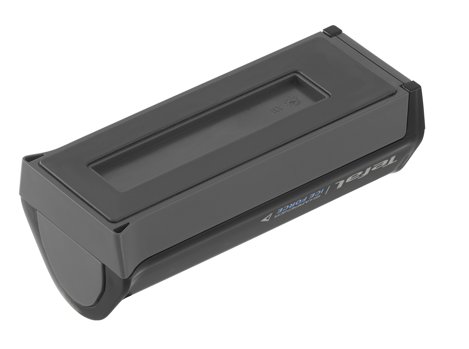 Un afilador de cuchillos Tefal Ice Force gris. Tiene forma rectangular con una parte superior empotrada y bordes redondeados, sobre un fondo blanco.