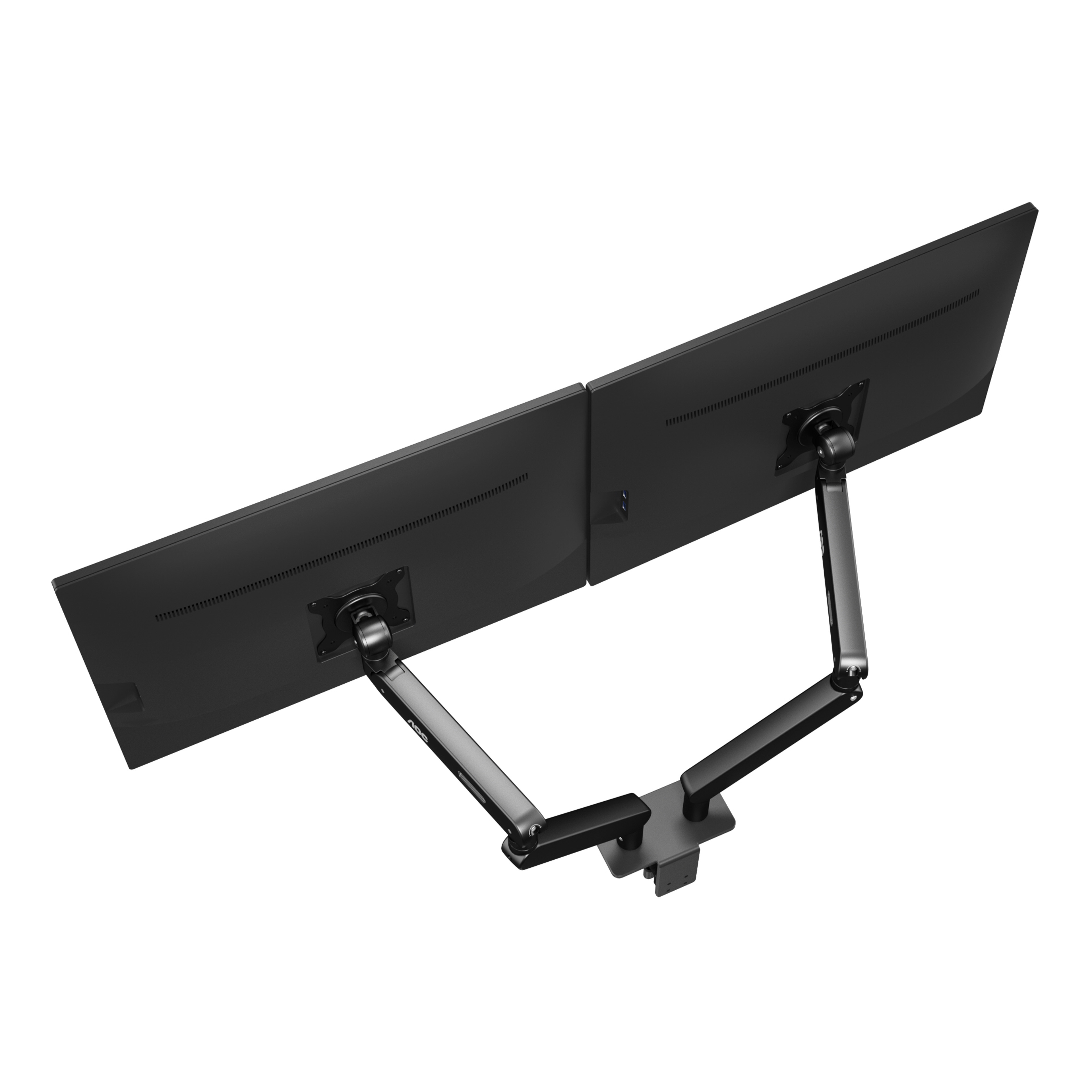 Twee zwarte computermonitoren zijn bevestigd aan een dubbele monitorarm. Witte achtergrond.