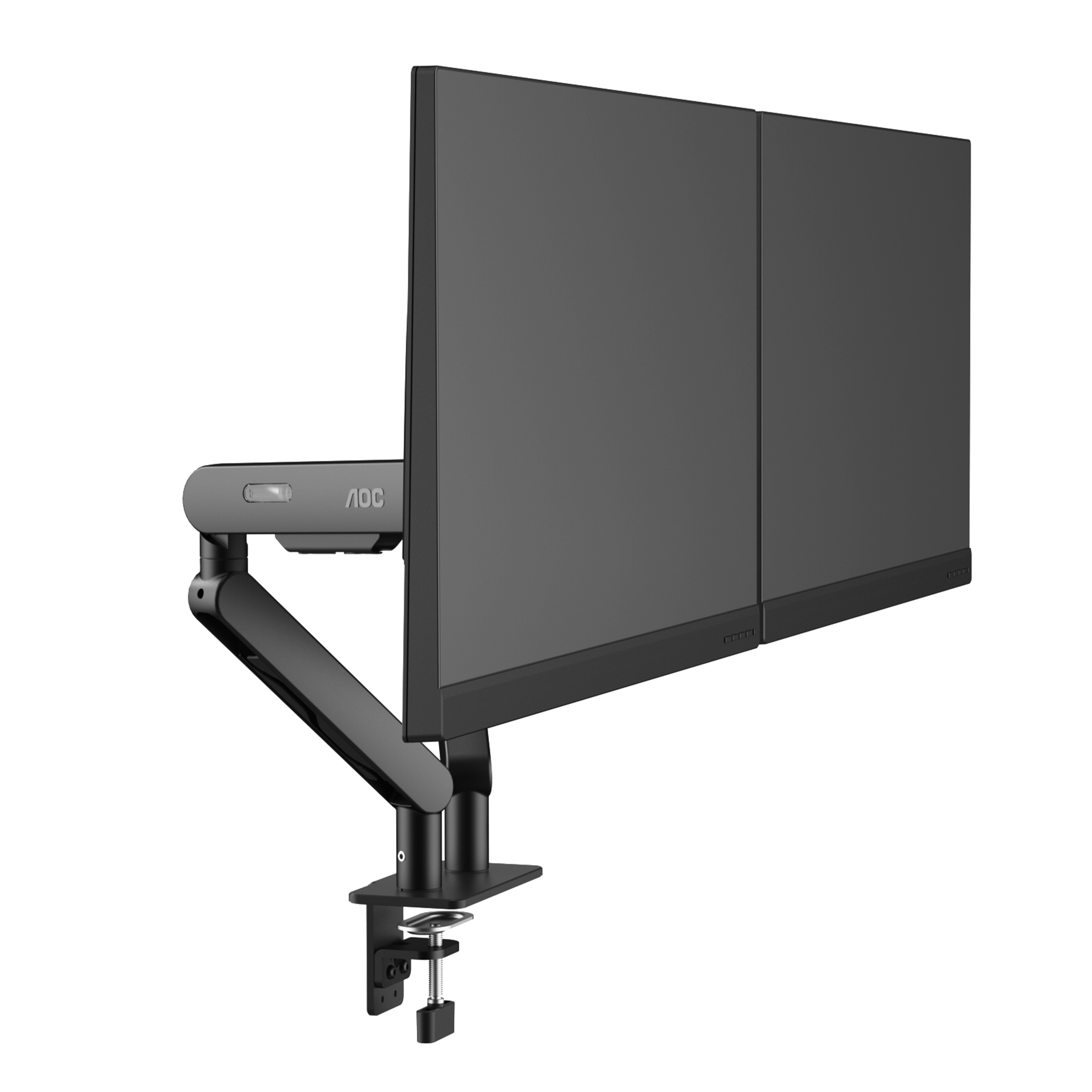 Twee zwarte computermonitoren zijn op een grijze arm gemonteerd. De arm is bevestigd aan een bureauklem.