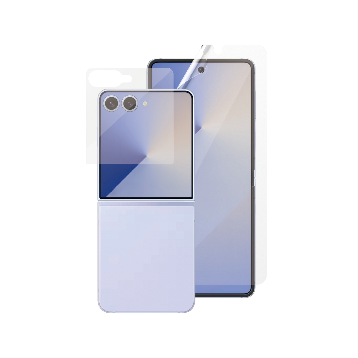 Twee smartphones, één opgevouwen, de ander uitgevouwen, beide lichtpaars. Beschermfolies op de schermen.