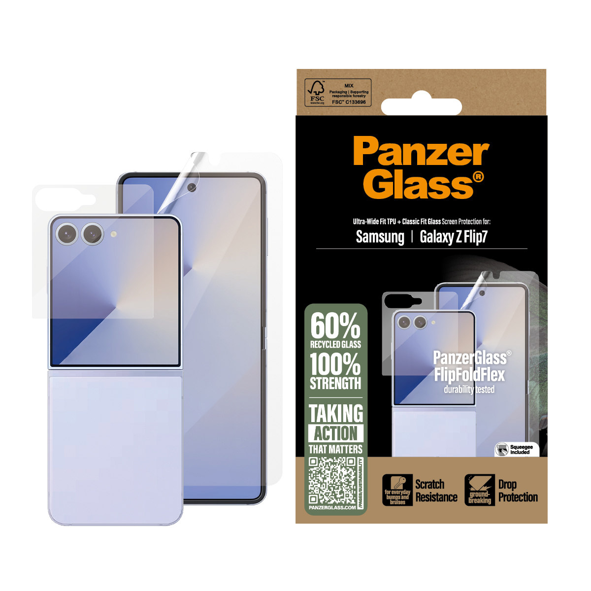 Een telefoon en een schermbeschermer verpakking. De beschermer is voor Samsung Galaxy Z Flip7. Het heeft 60% gerecycled glas en 100% sterkte.