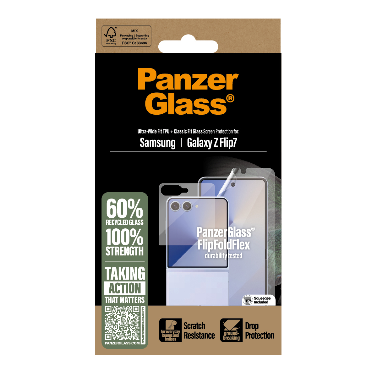 PanzerGlass schermbeschermer voor Samsung Galaxy Z Flip7. Krasbestendig, valbescherming en 60% gerecycled glas.