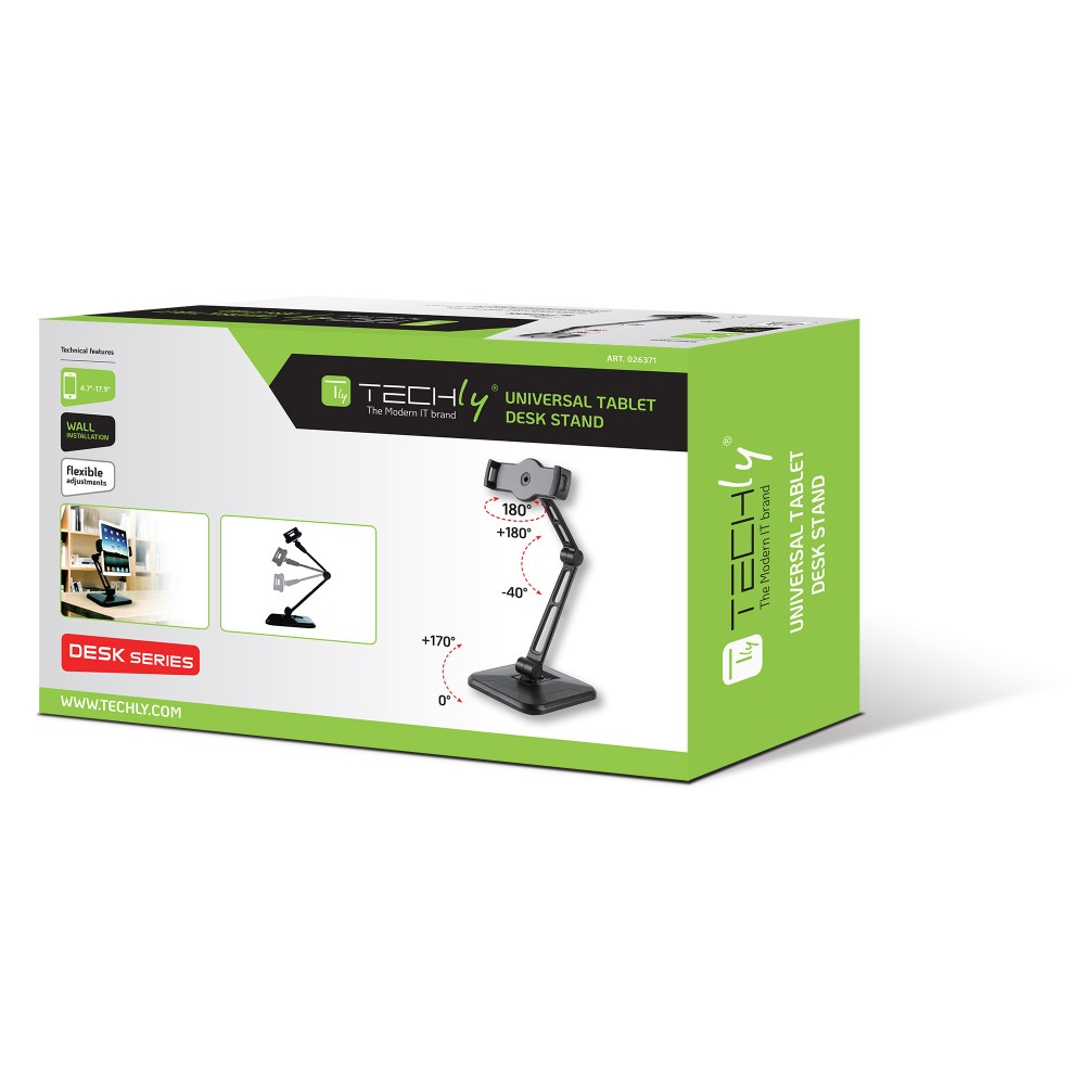 Eine Techly Universal Tablet Desk Stand Box. Sie zeigt den Ständer, seine Funktionen und das Logo der Marke.