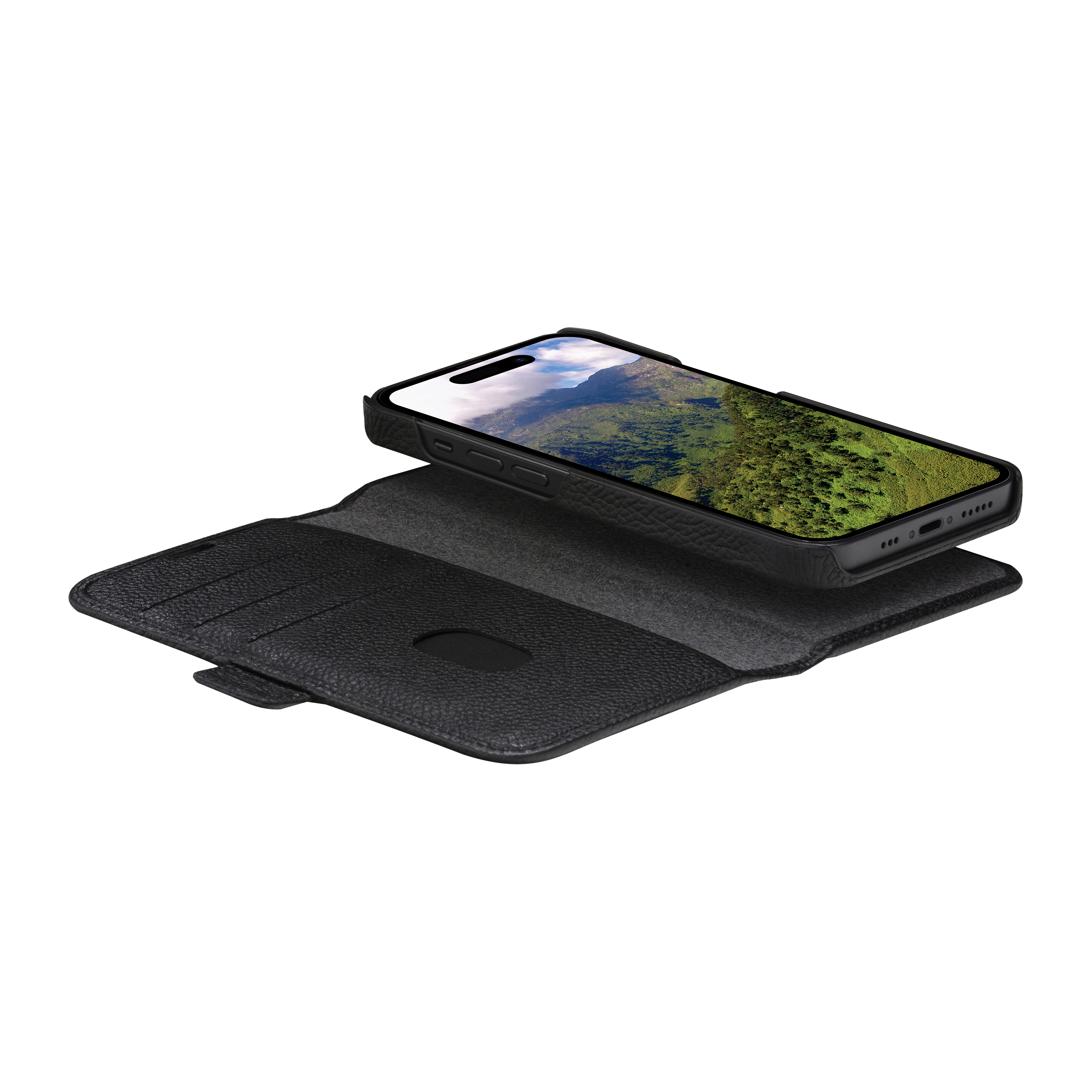 Schwarze Handyhülle mit Handy, das eine Landschaft zeigt. Die Hülle ist geöffnet und zeigt Kartenfächer und einen Verschluss.