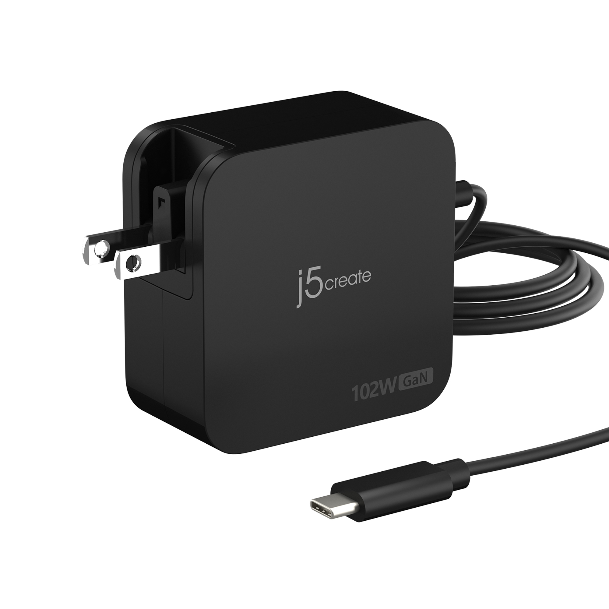 Cargador negro j5create 102W GaN con enchufe estadounidense y cable USB-C.