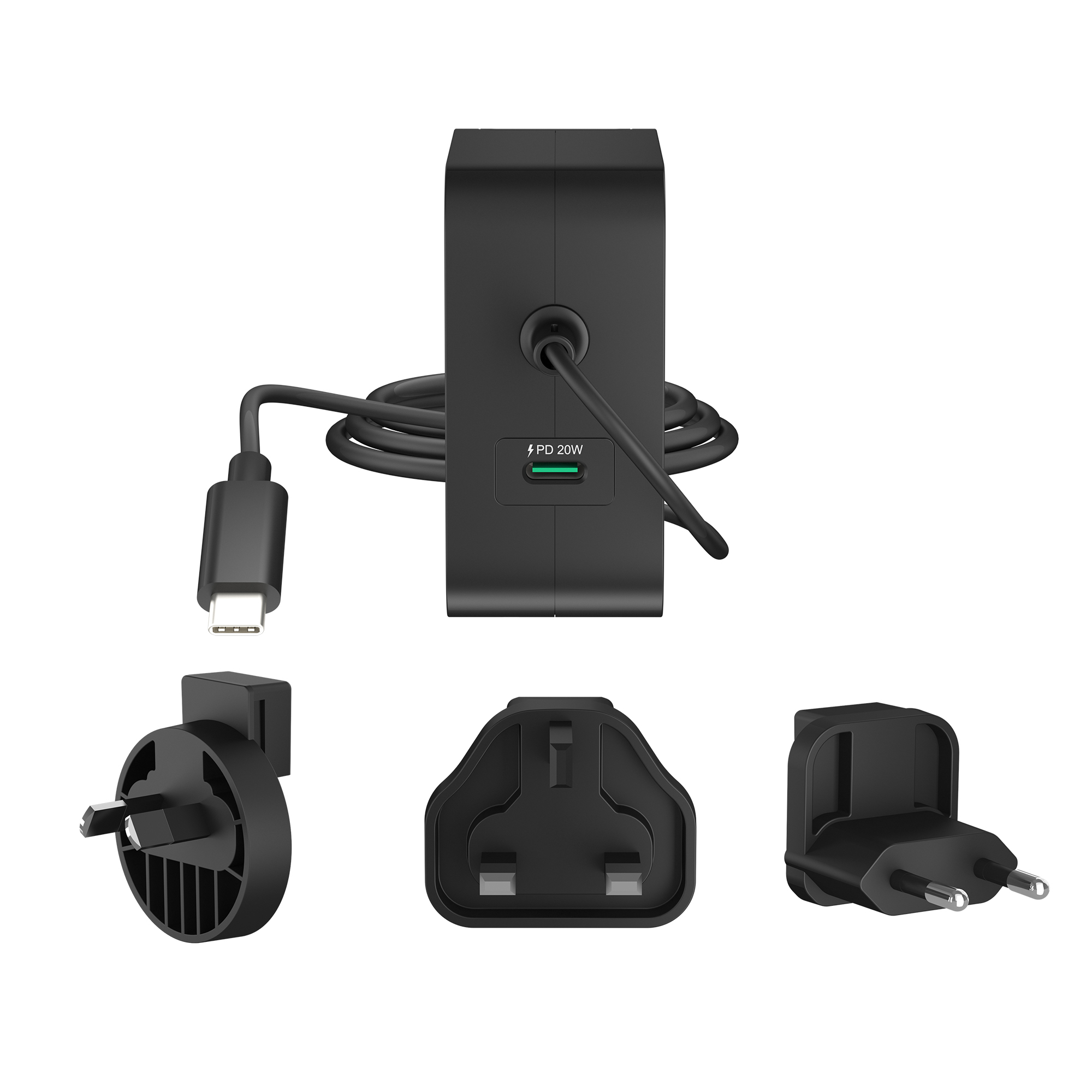 Cargador negro con tres adaptadores de enchufe. Tiene un puerto USB-C y un indicador verde PD 20W.