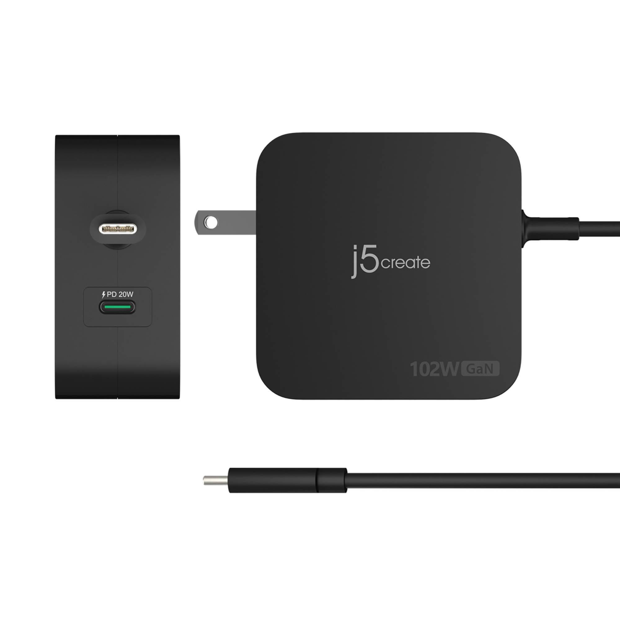 Un cargador negro j5create 102W GaN. Tiene un enchufe, un puerto USB-C y un cable USB-C.