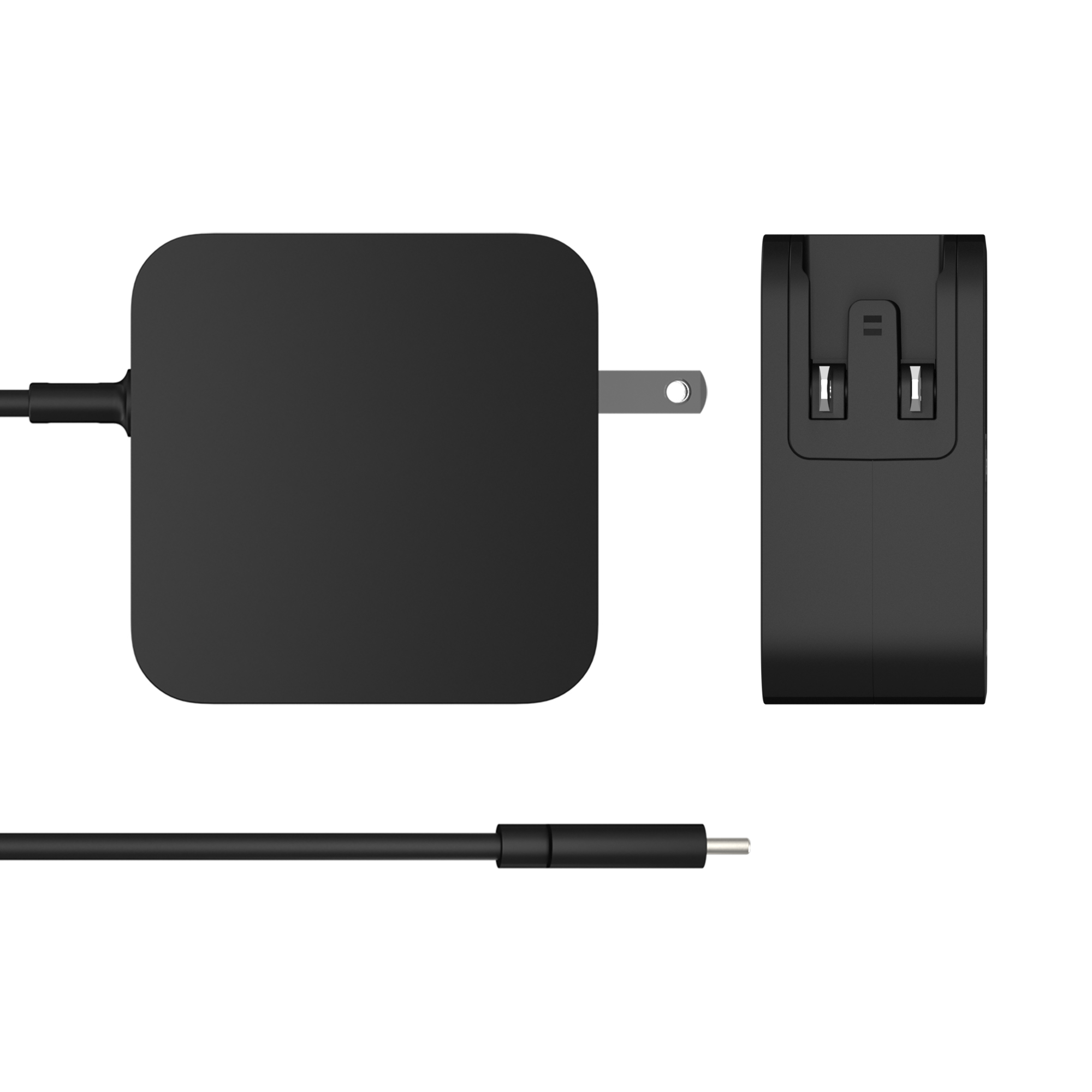 Un cargador negro para portátil con un adaptador cuadrado, enchufe y cable con conector USB-C. Fondo blanco.