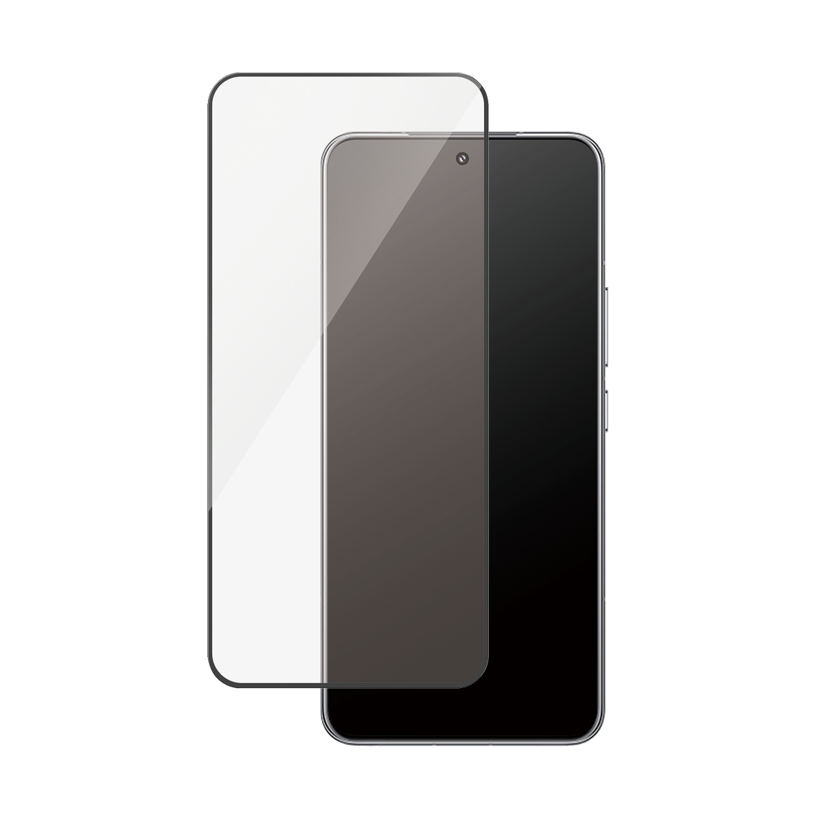 Een smartphone met een schermbeschermer op een witte achtergrond. De telefoon is zwart. De beschermer is transparant.