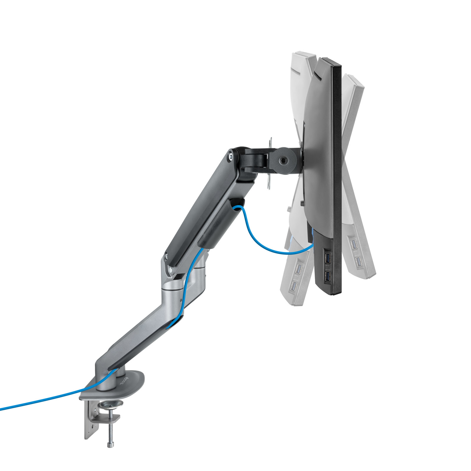 Brazo de monitor que sostiene un monitor. El brazo es gris y negro con un cable azul. El fondo es blanco.