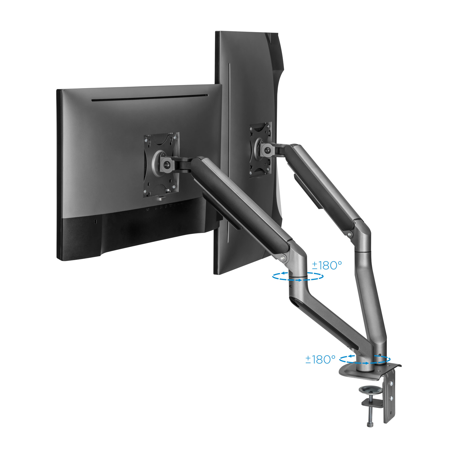 Un soporte de monitor doble en gris, montado sobre una superficie blanca. Los monitores son negros. El brazo tiene indicadores de rotación.