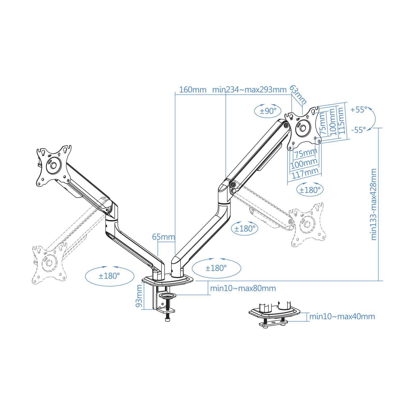 Diagrama de un brazo de monitor doble con medidas y ángulos. Incluye dimensiones en mm y grados de rotación.
