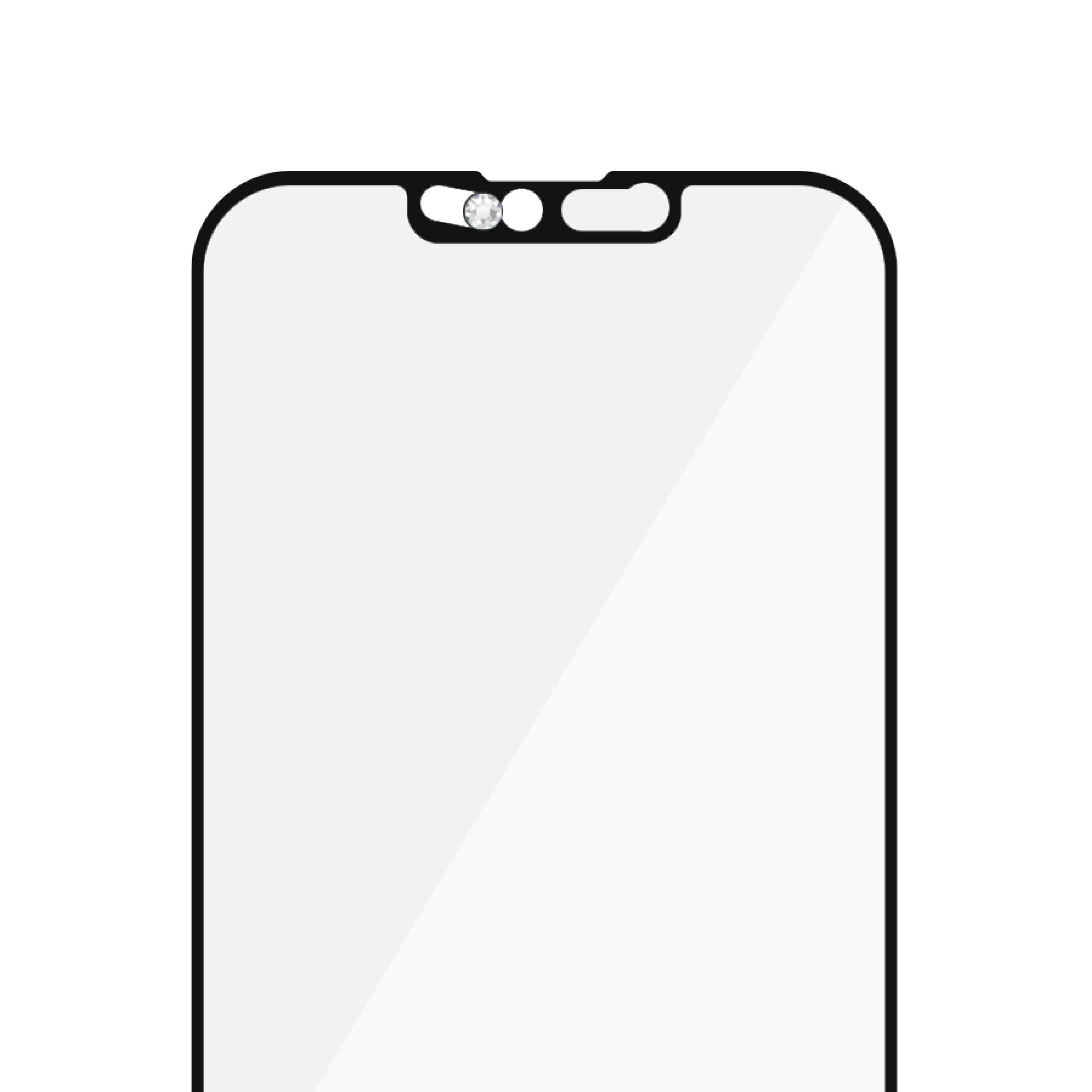 Un proteggi schermo per telefono. Ha un bordo nero e un ritaglio superiore per fotocamera e sensori.