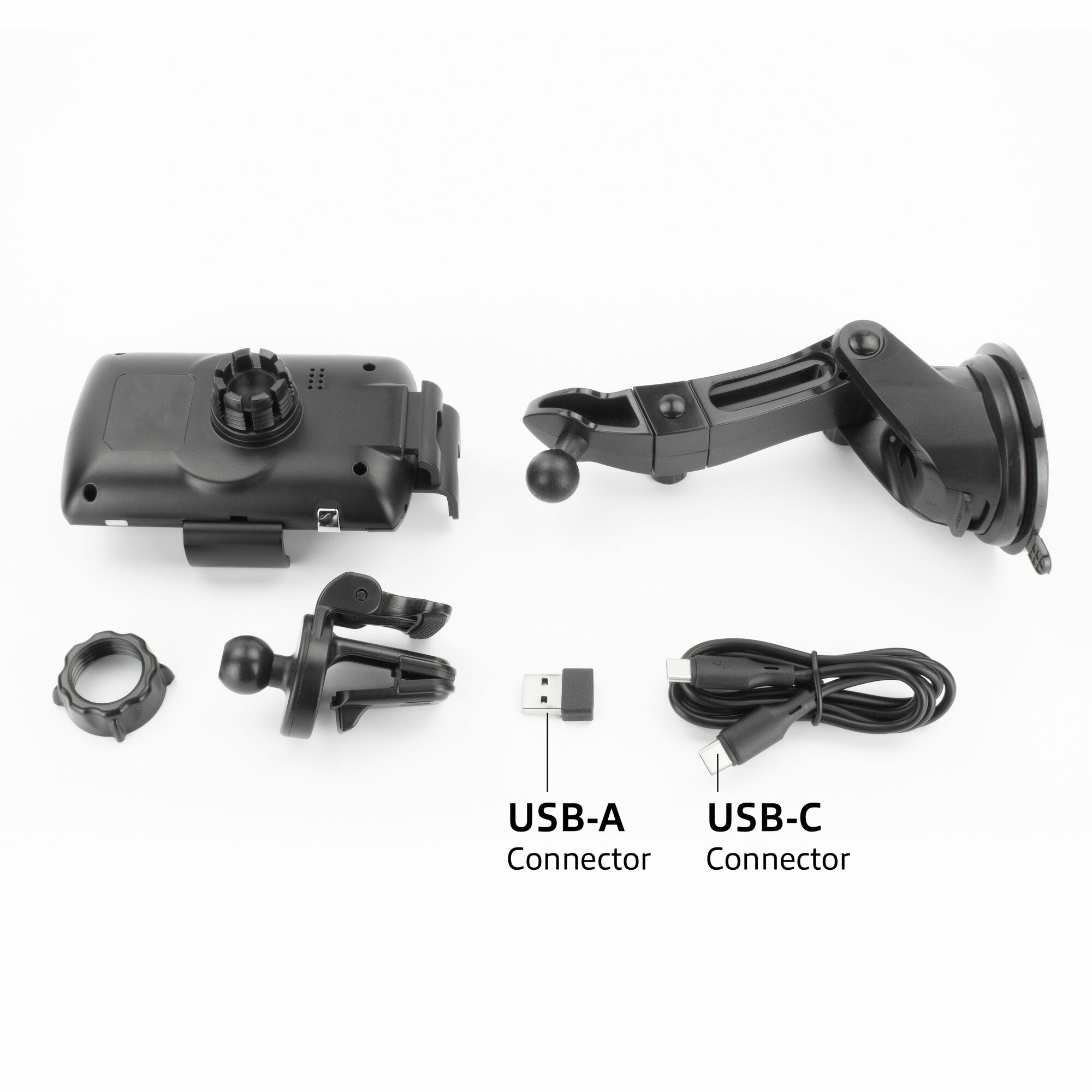 Zwarte auto telefoonhouder onderdelen met USB-A en USB-C connectoren op een wit oppervlak.