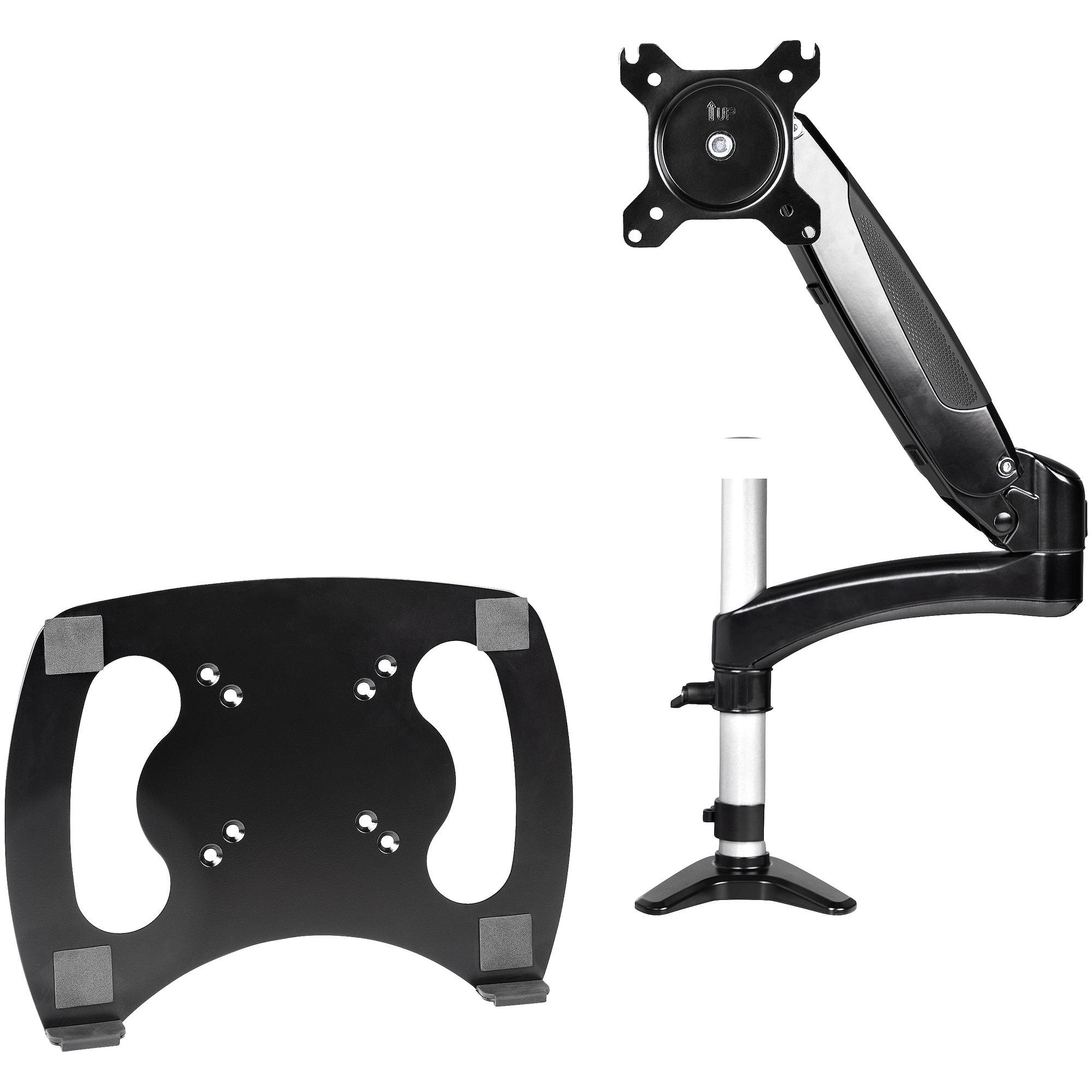Ein schwarzer Monitorarm und -fuß vor weißem Hintergrund. Der Arm ist gelenkig und trägt einen Monitor.