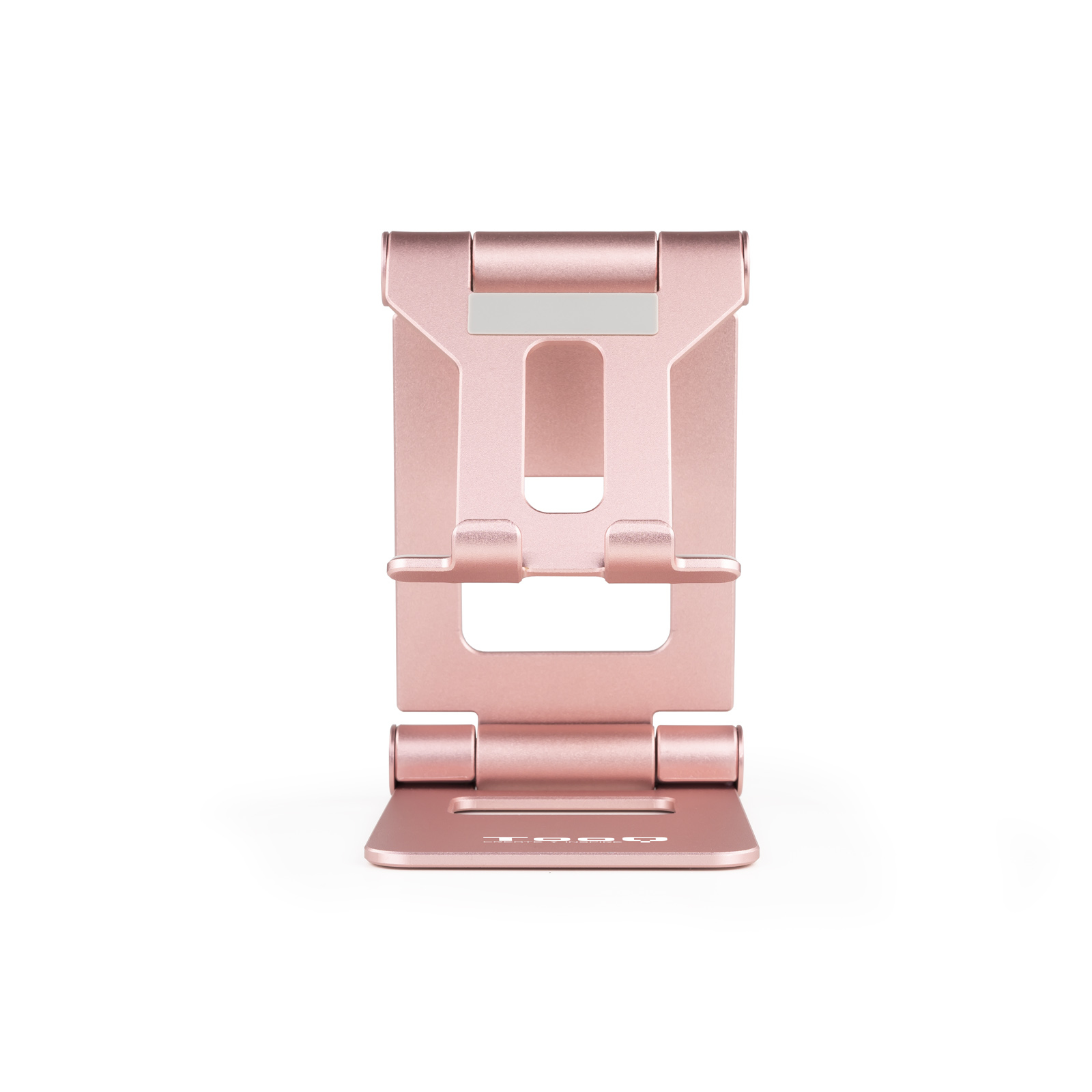 Un soporte para teléfono de oro rosa centrado sobre un fondo blanco. Es un soporte plegable con base rectangular.